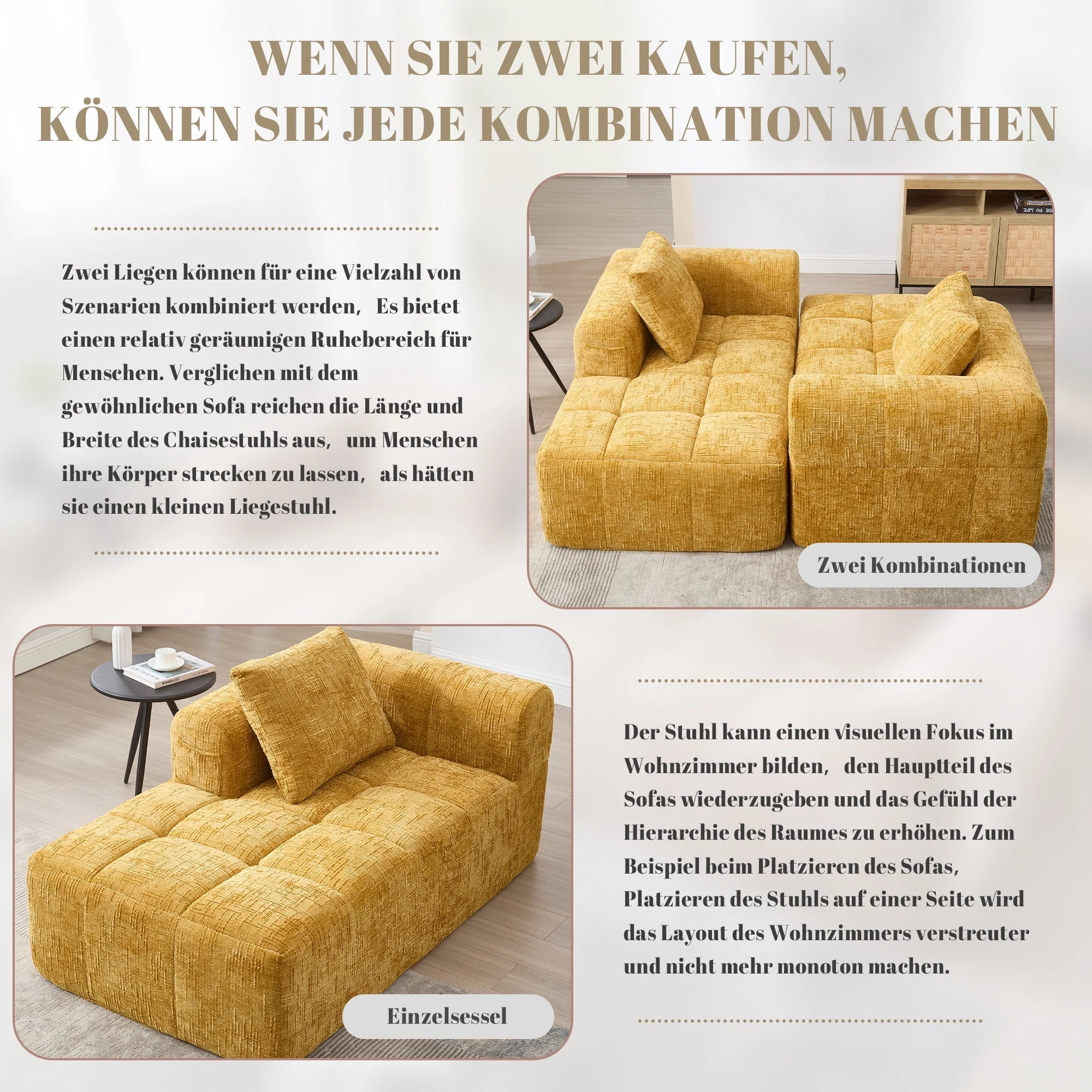 Chaise Longue Sofa, Soft with Side Pockets, No Assembly, Yellow - Image 7