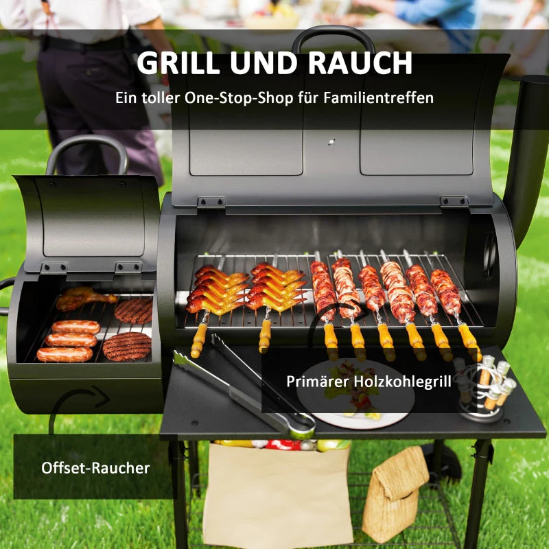 Charcoal Grill BBQ Smoker with Lid, Thermometer & Wheels, Steel - Image 4
