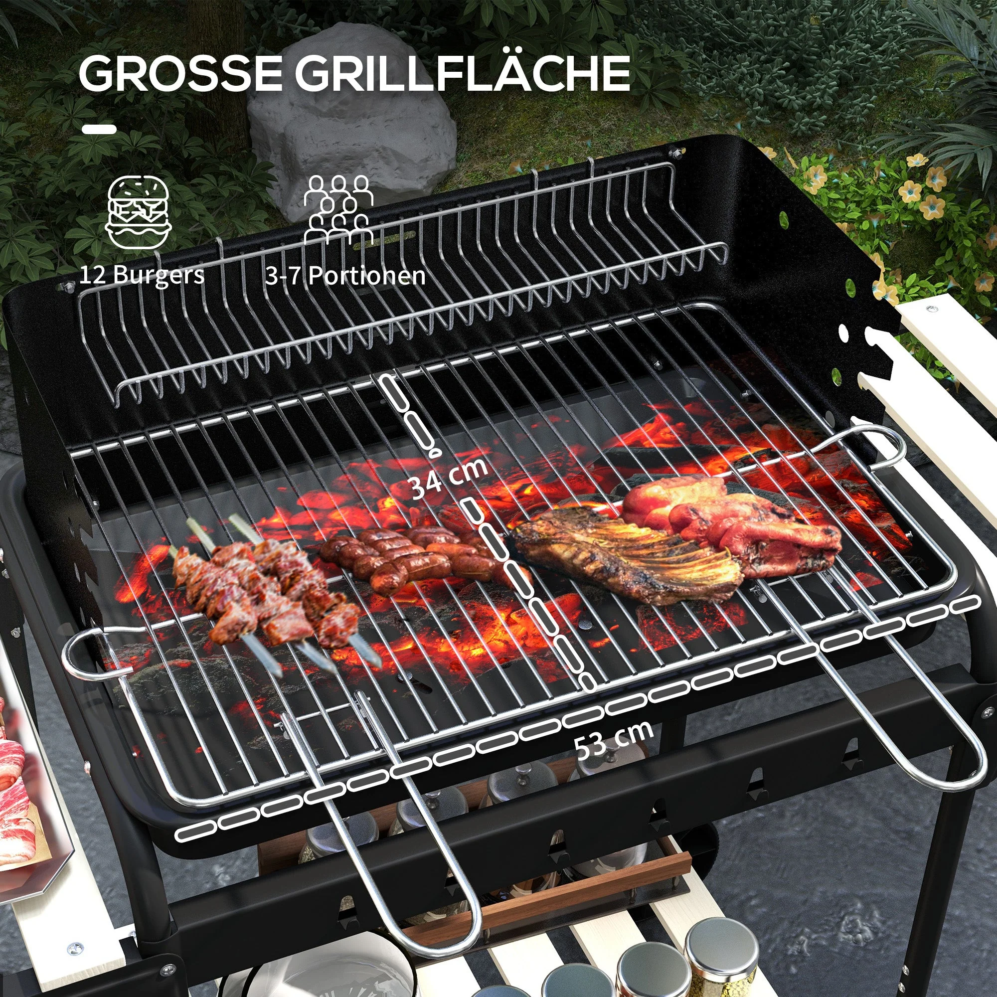 Charcoal Grill BBQ Smoker with Wheels, Adjustable Grate, Wood Shelf, Metal - Image 4