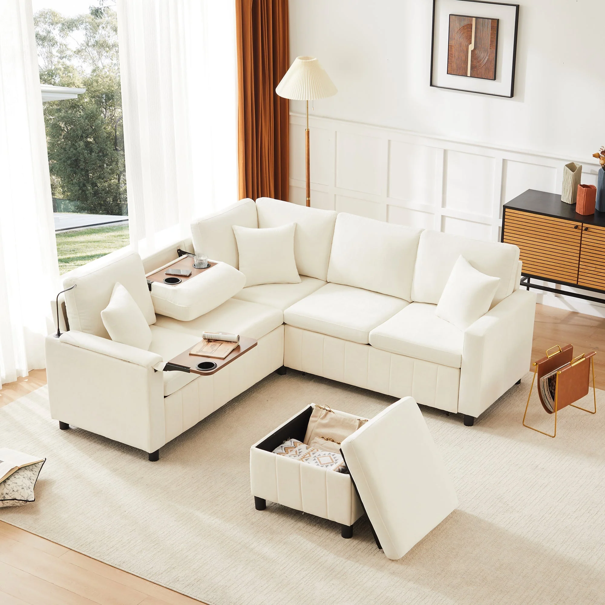 Chenille Corner Sofa Bed with Ottoman and USB Charging, Beige - Image 10