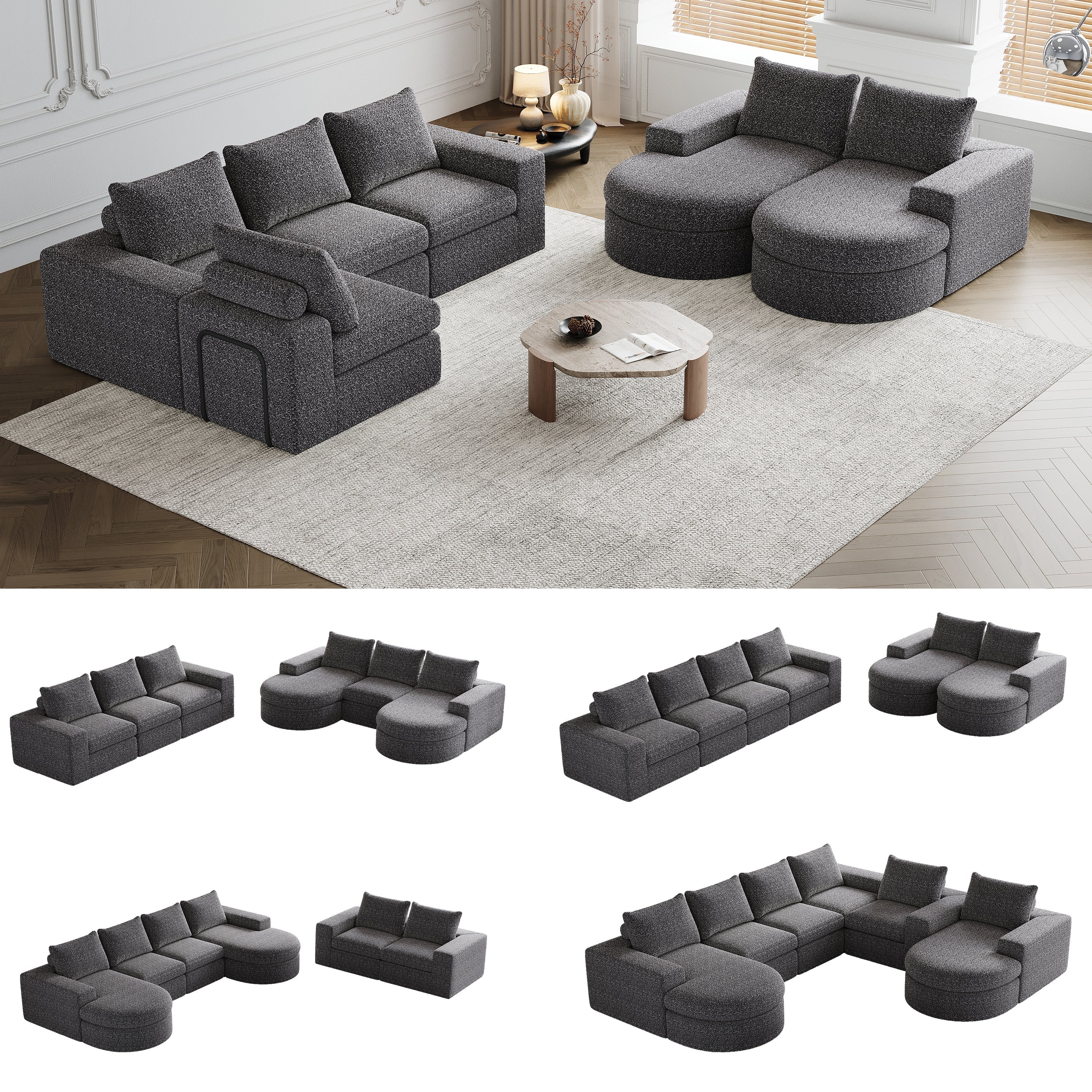 Chenille Sofa, Curved Modular L-Lounger, Two-Piece Set - Image 6