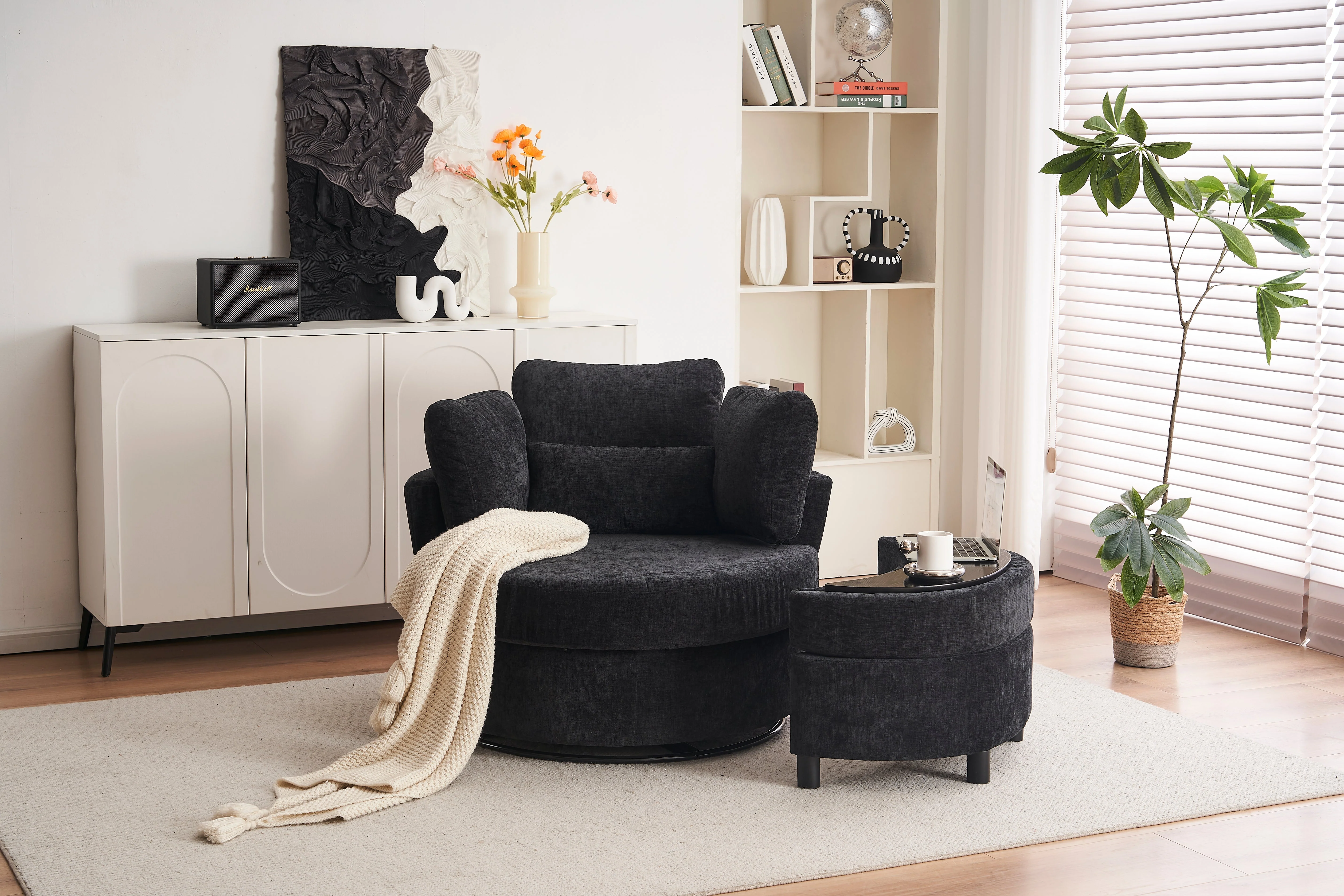 Chenille Swivel Armchair: 3 Back Cushion Pillow Ottoman Crescent Stool, Black - Image 5