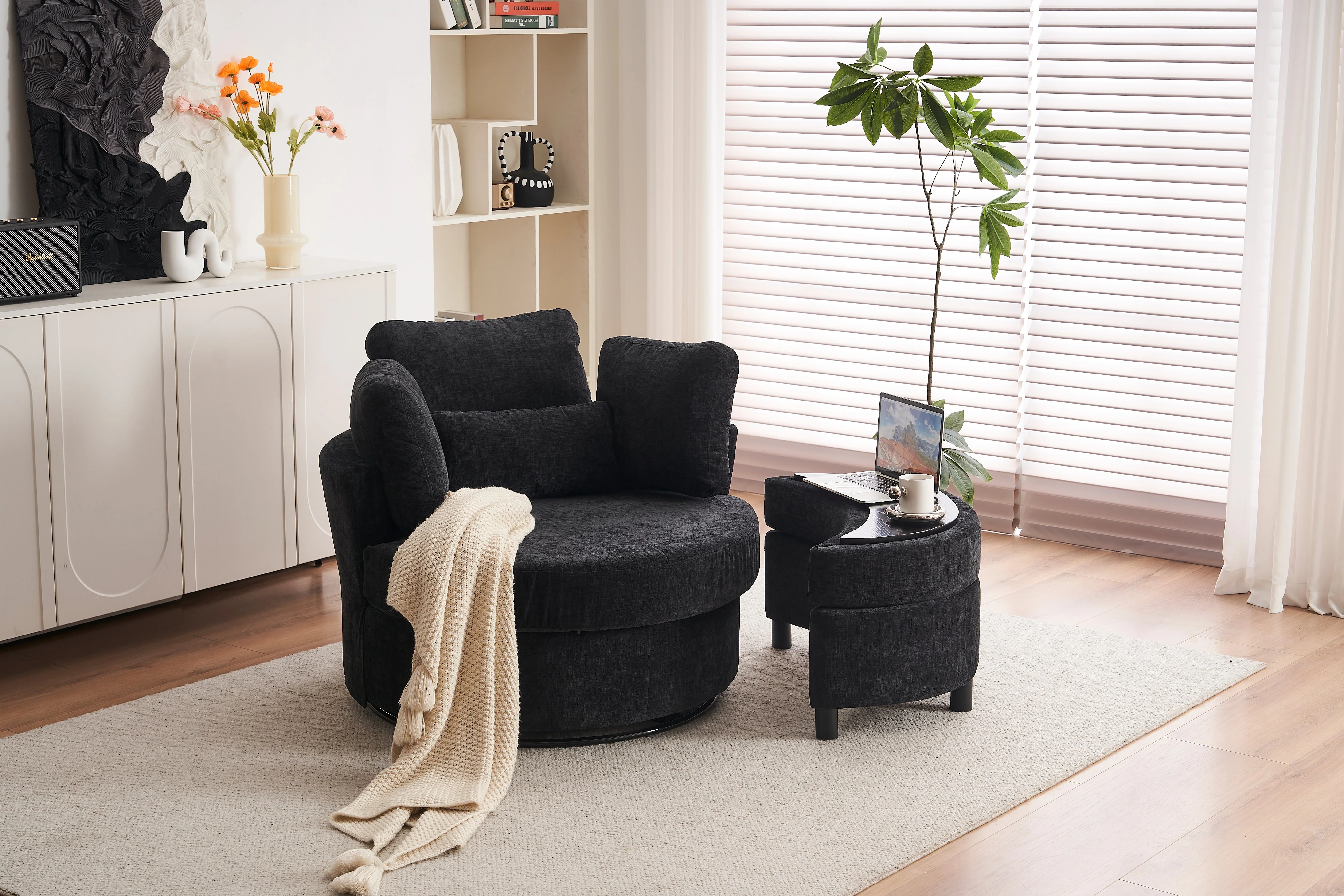 Chenille Swivel Armchair: 3 Back Cushion Pillow Ottoman Crescent Stool, Black - Image 6