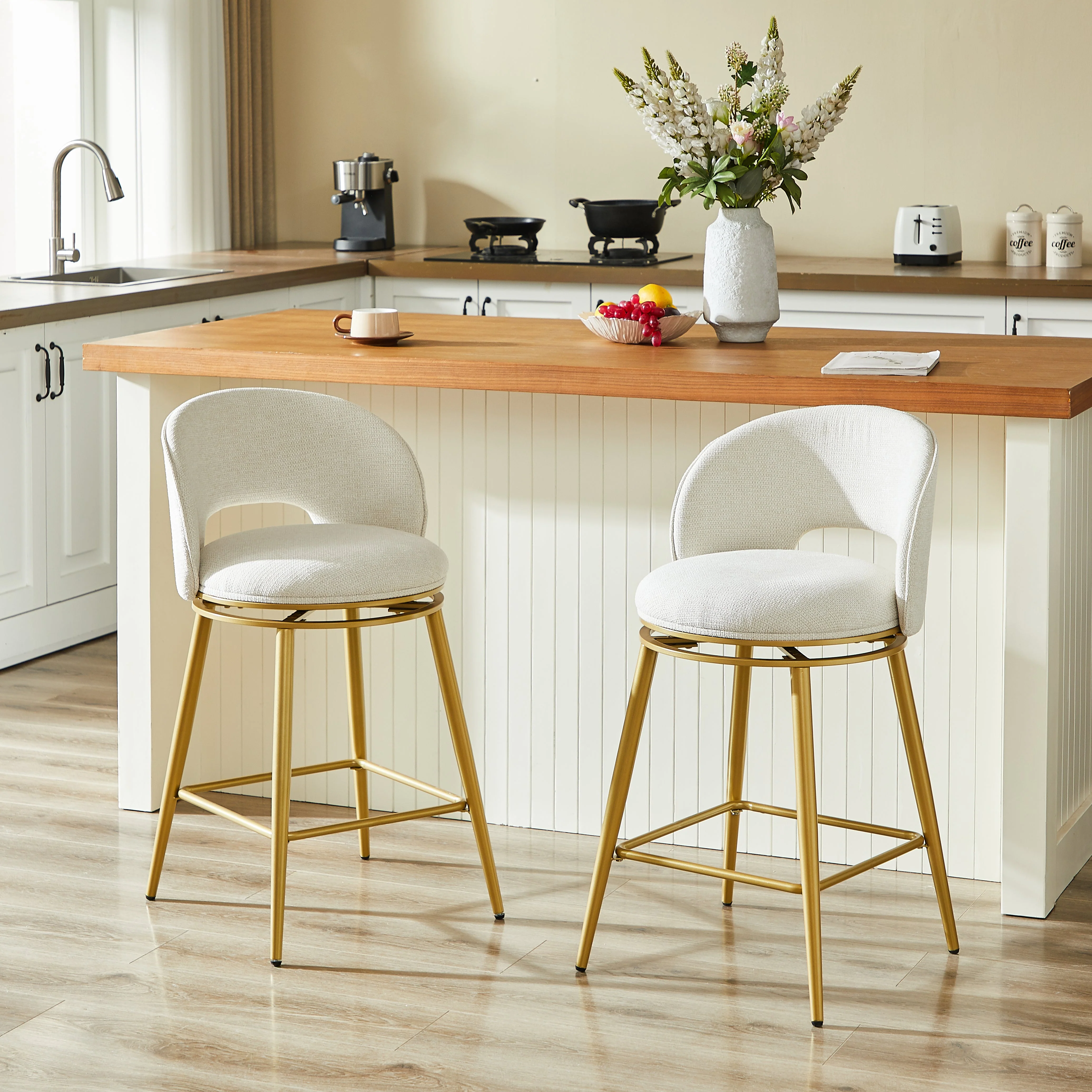 Chenille Swivel Bar Stools, Set of 2 with 360° Rotation and Cut-Out Backrest, Gold and White - Image 3