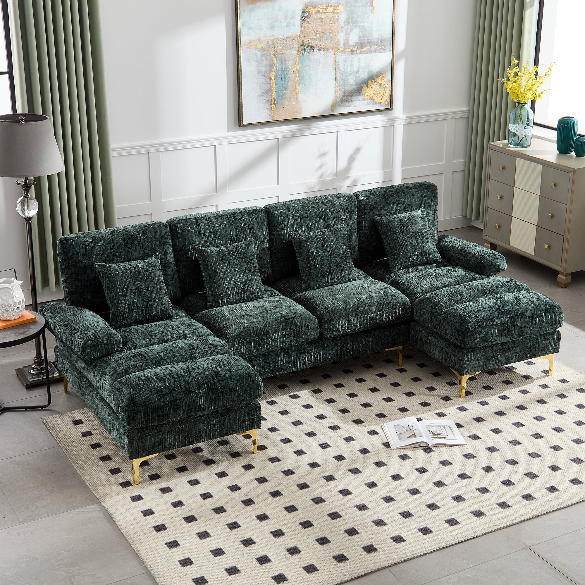 Chenille U-Shape Sectional Sofa, Large with Double Reclining Seats, Emerald - Image 3