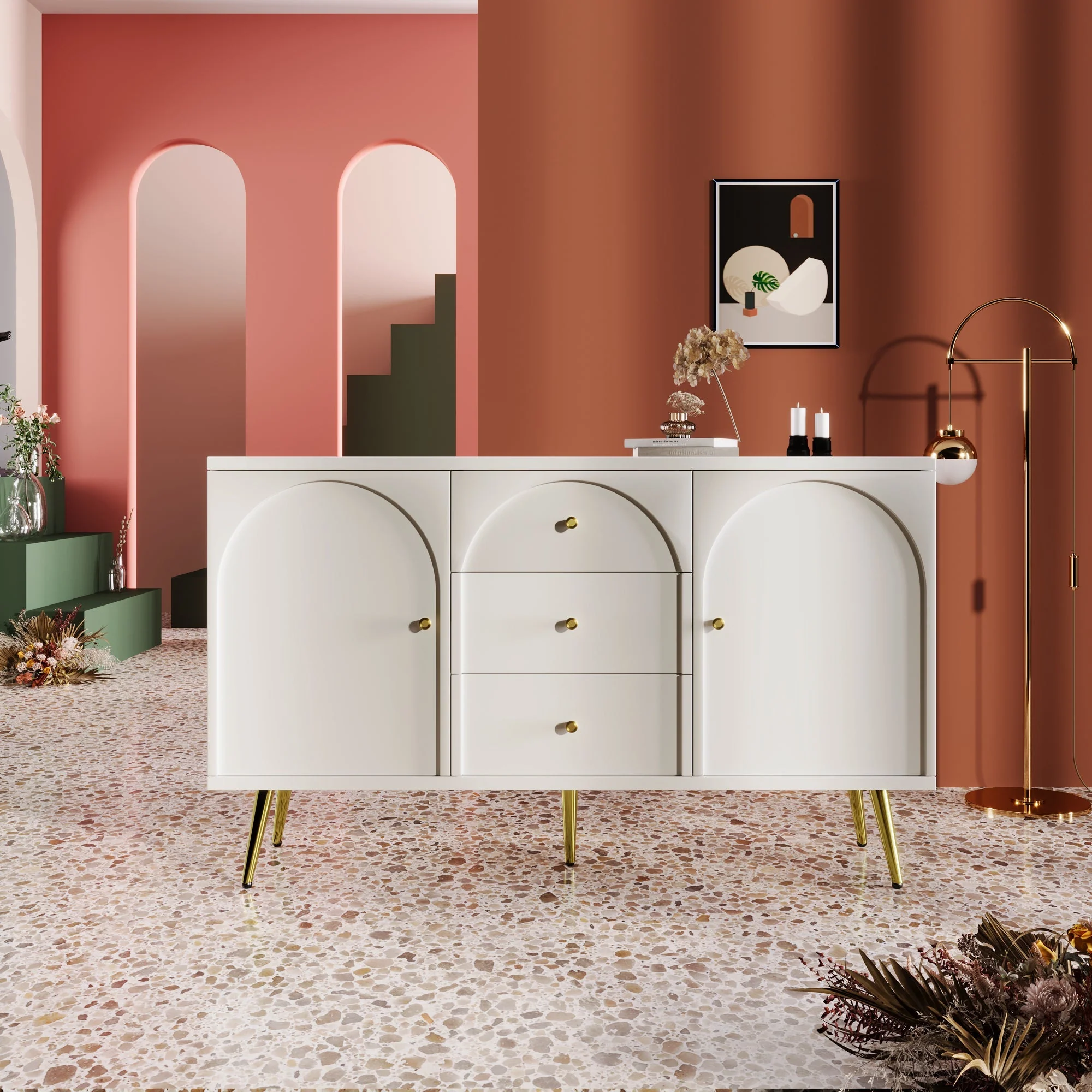 Chest of Drawers, 2 Doors, 3 Drawers, Adjustable Shelf, Cream-White - Image 5