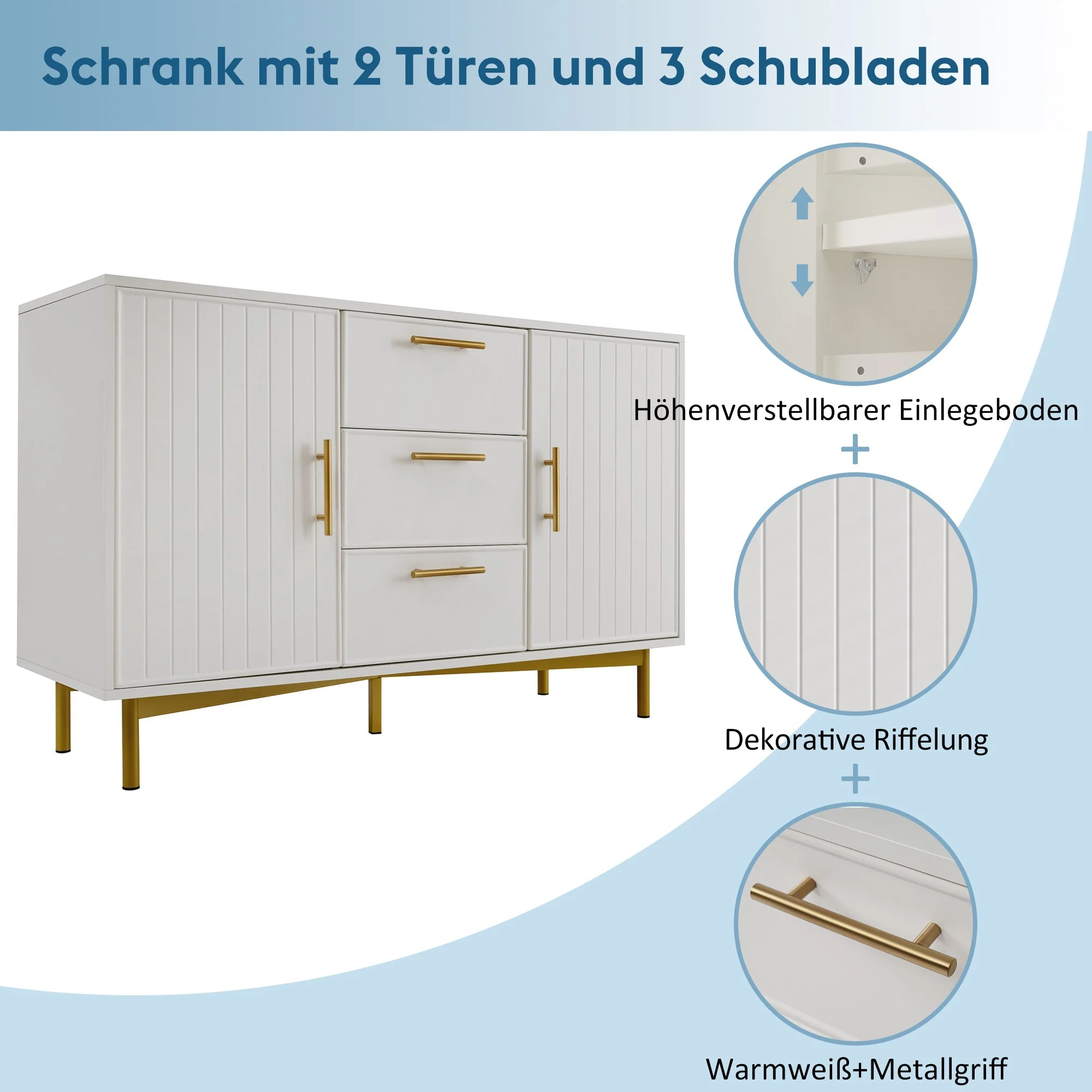 Chest of Drawers, 2 Doors, 3 Drawers, Adjustable Shelf, White - Image 3