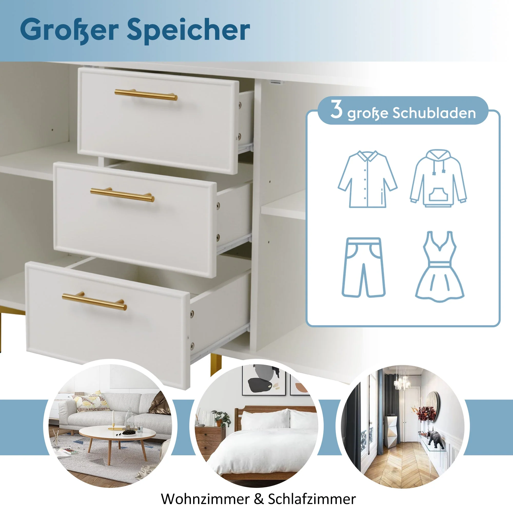Chest of Drawers, 2 Doors, 3 Drawers, Adjustable Shelf, White - Image 4