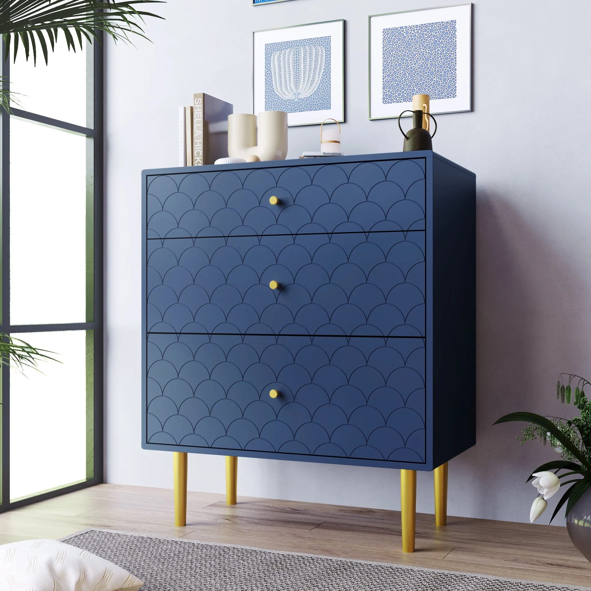 Chest of Drawers 3-Drawer Sideboard Highboard - Navy Blue - Image 6