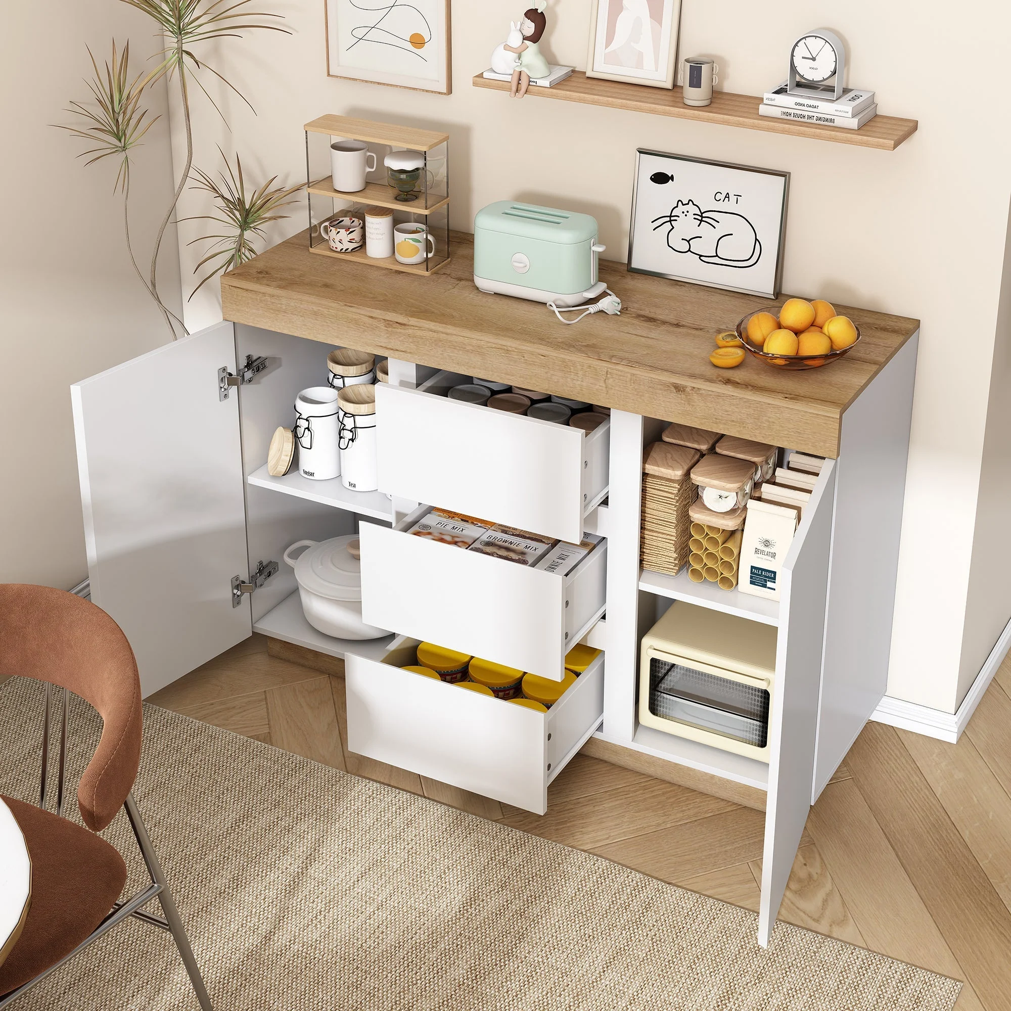 Chest of Drawers 3 Drawers 2 Doors Lockable Storage - White/Oak Chipboard