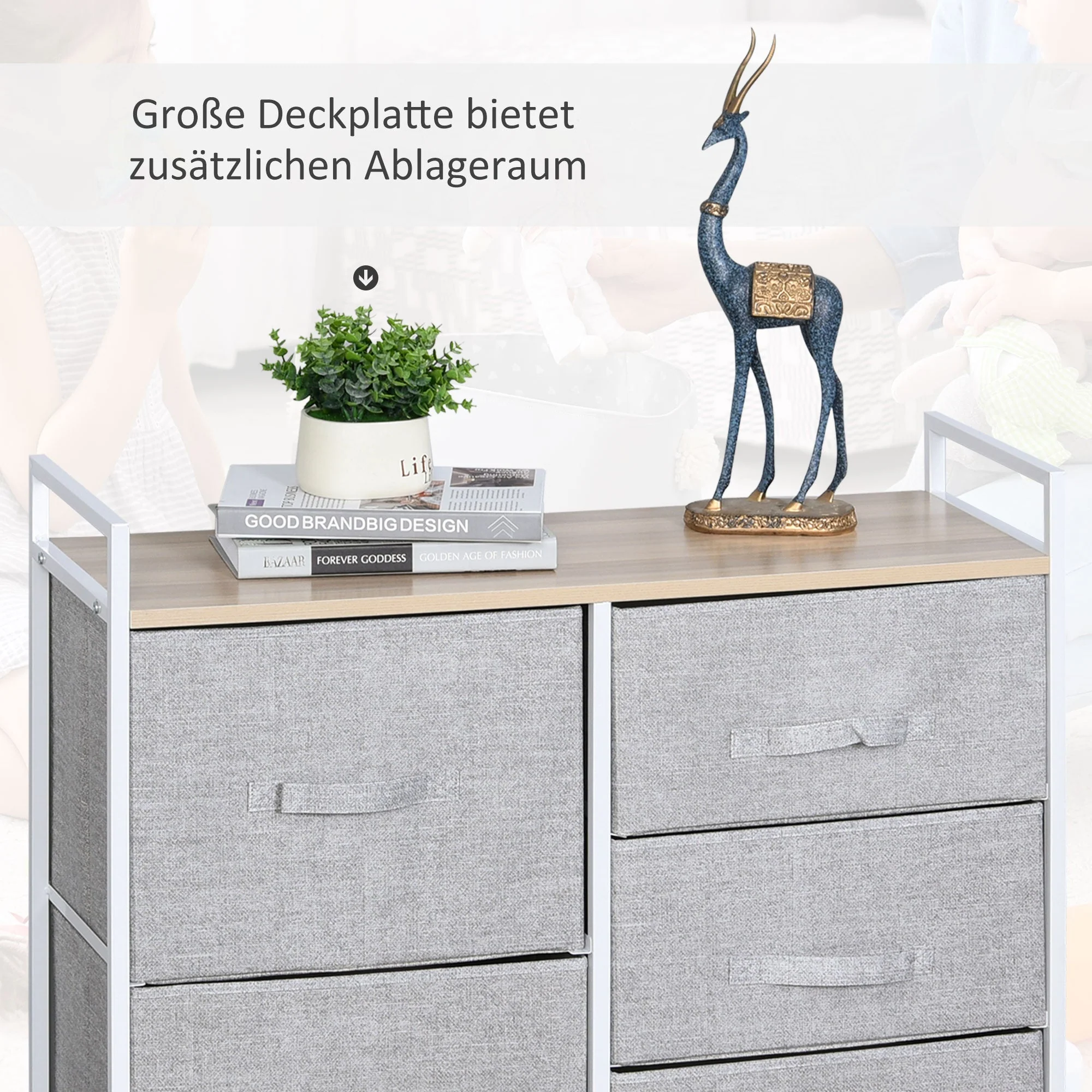 Chest of Drawers, 5 Fabric Drawers, Grey Fabric Wood Metal Frame - Image 5