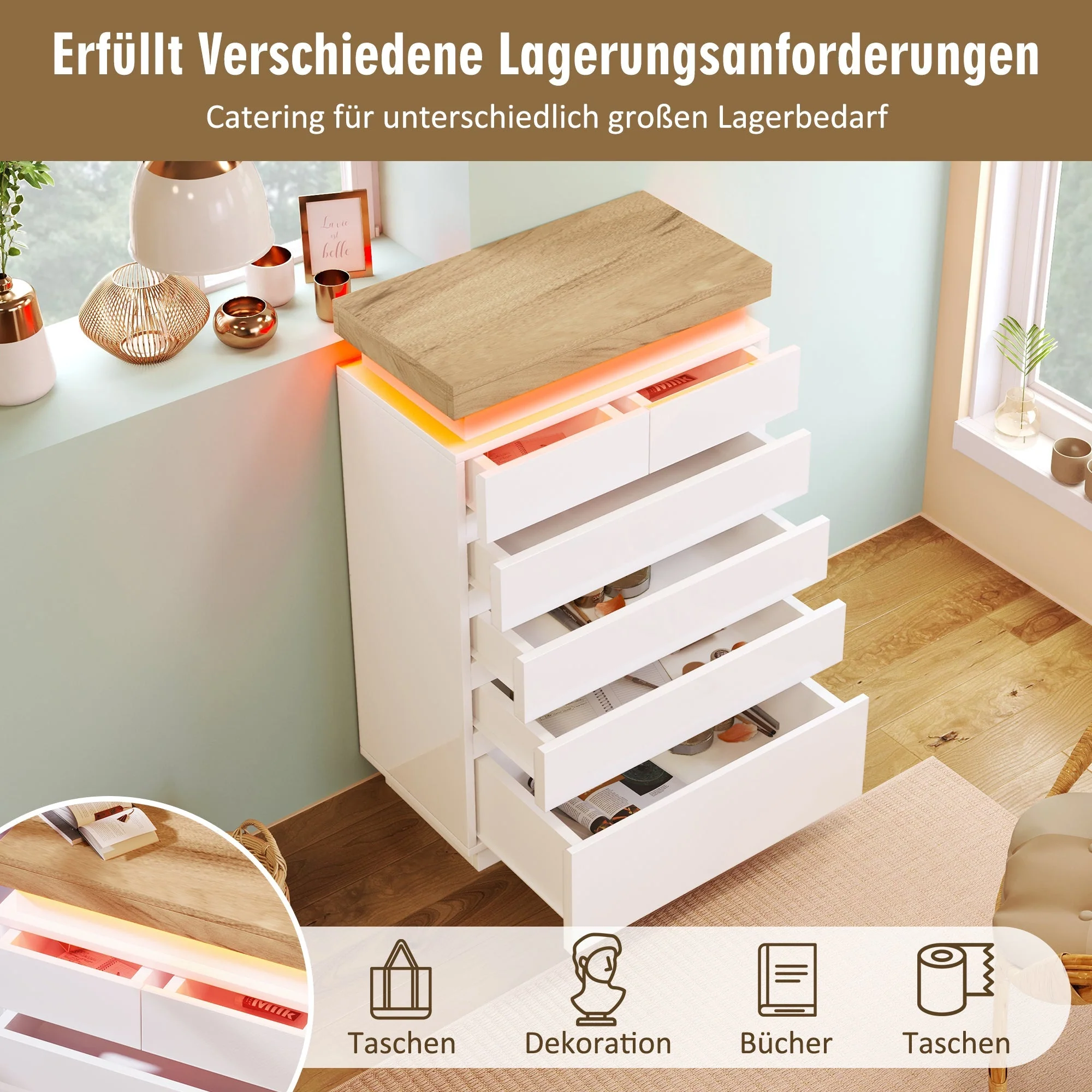 Chest of Drawers, 6-Drawer LED High-Gloss Sideboard, White - Image 8