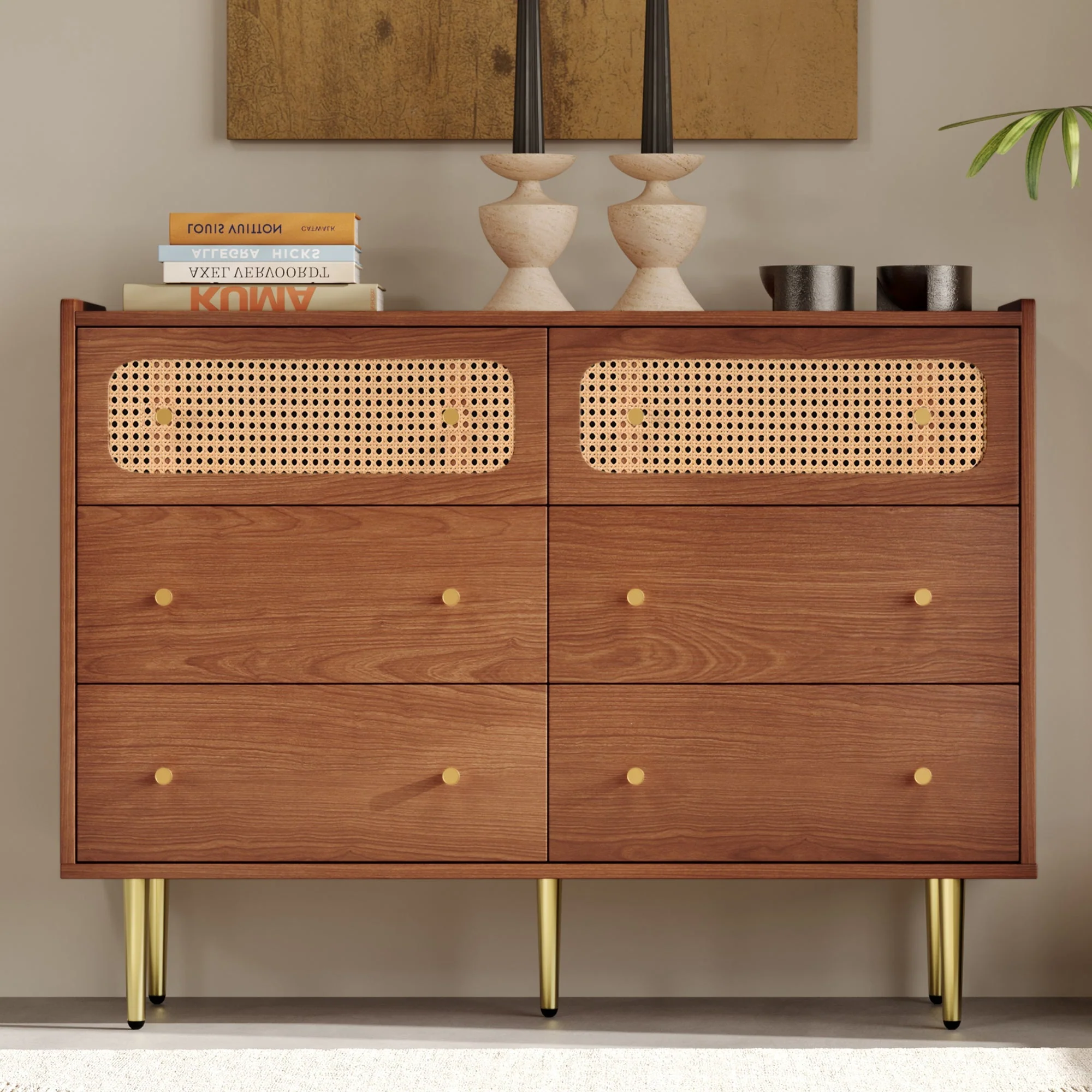 Chest of Drawers, 6 Drawer Rattan Sideboard, Walnut - Image 3