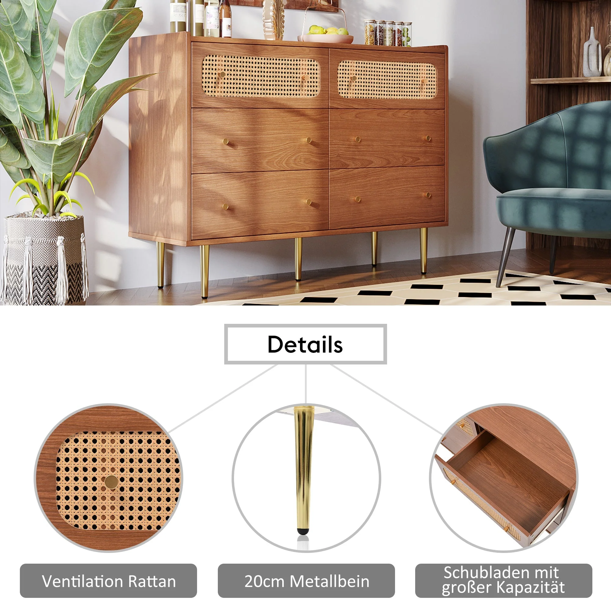 Chest of Drawers, 6 Drawer Rattan Sideboard, Walnut - Image 8