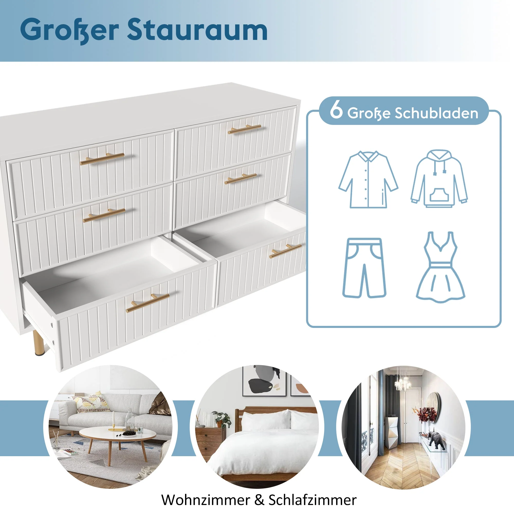 Chest of Drawers, 6-Drawer Sideboard for Bedroom, White - Image 3