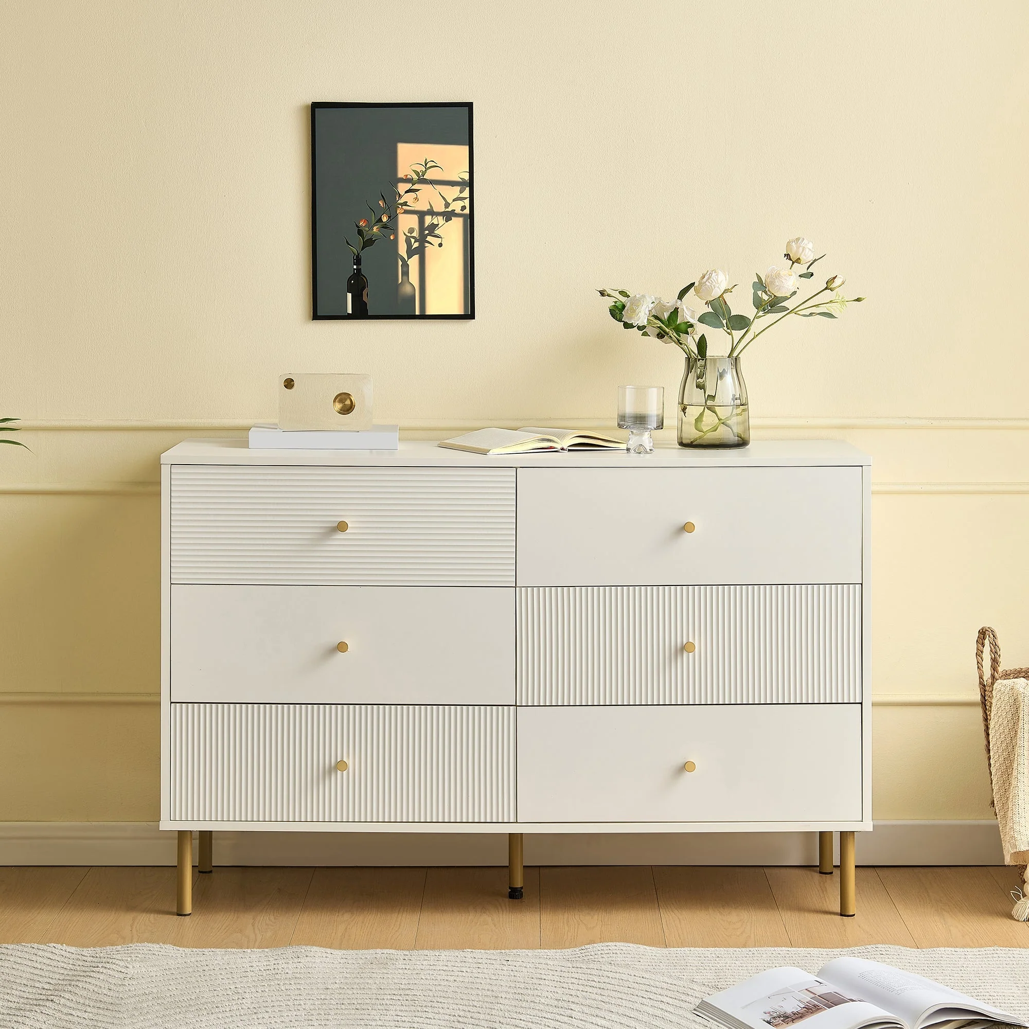 Chest of Drawers, 6-Drawer Storage with Steel Legs, White MDF - Image 10