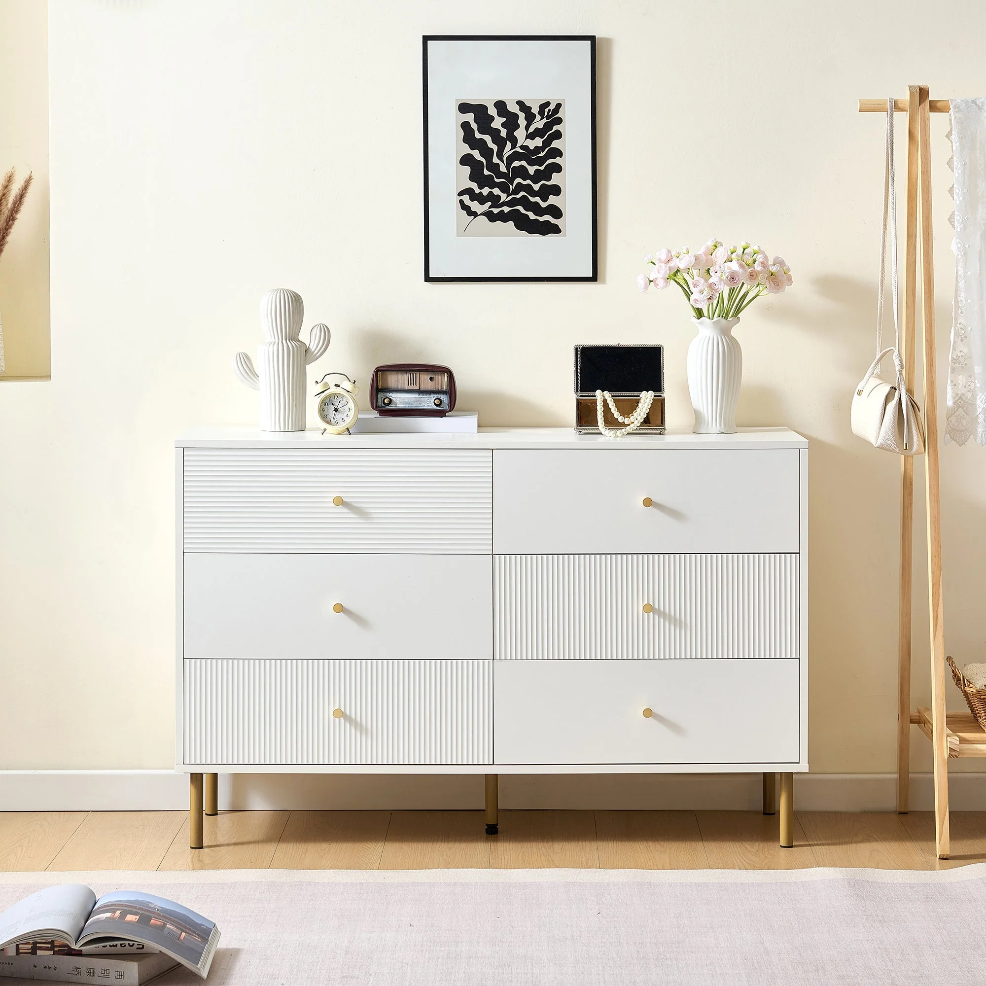 Chest of Drawers, 6-Drawer Storage with Steel Legs, White MDF - Image 2