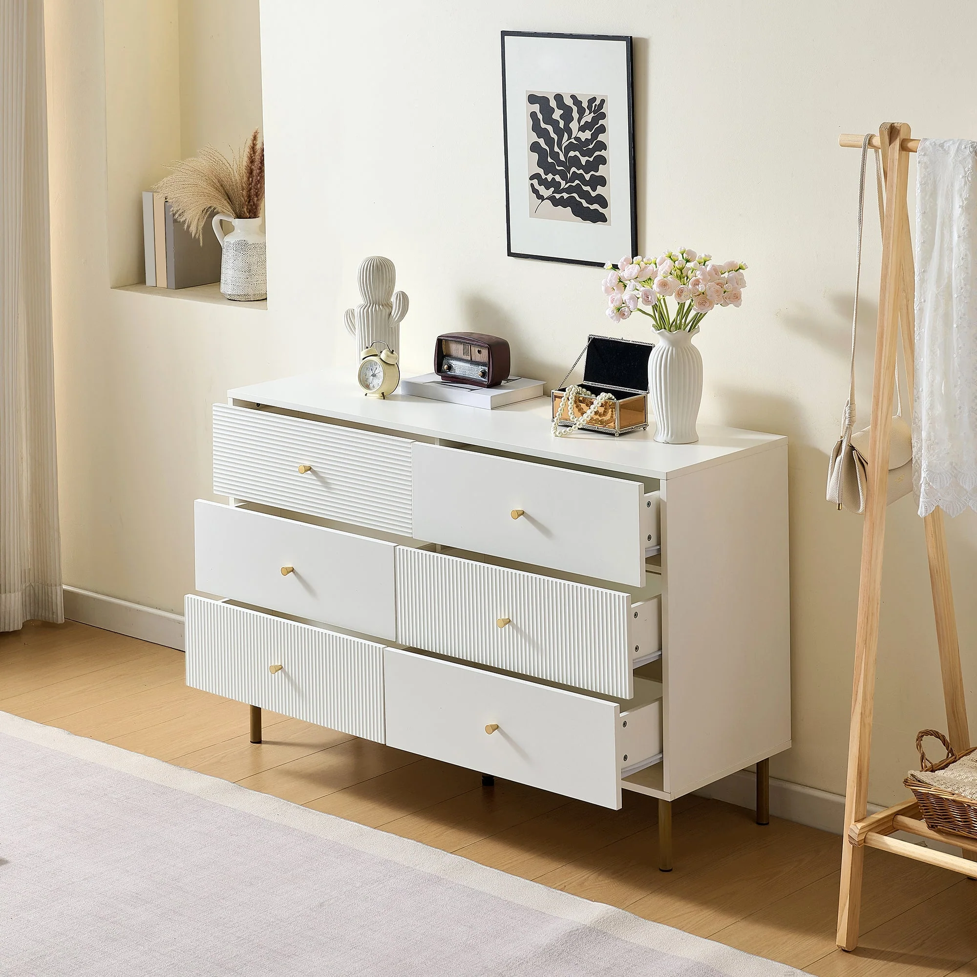 Chest of Drawers, 6-Drawer Storage with Steel Legs, White MDF - Image 4