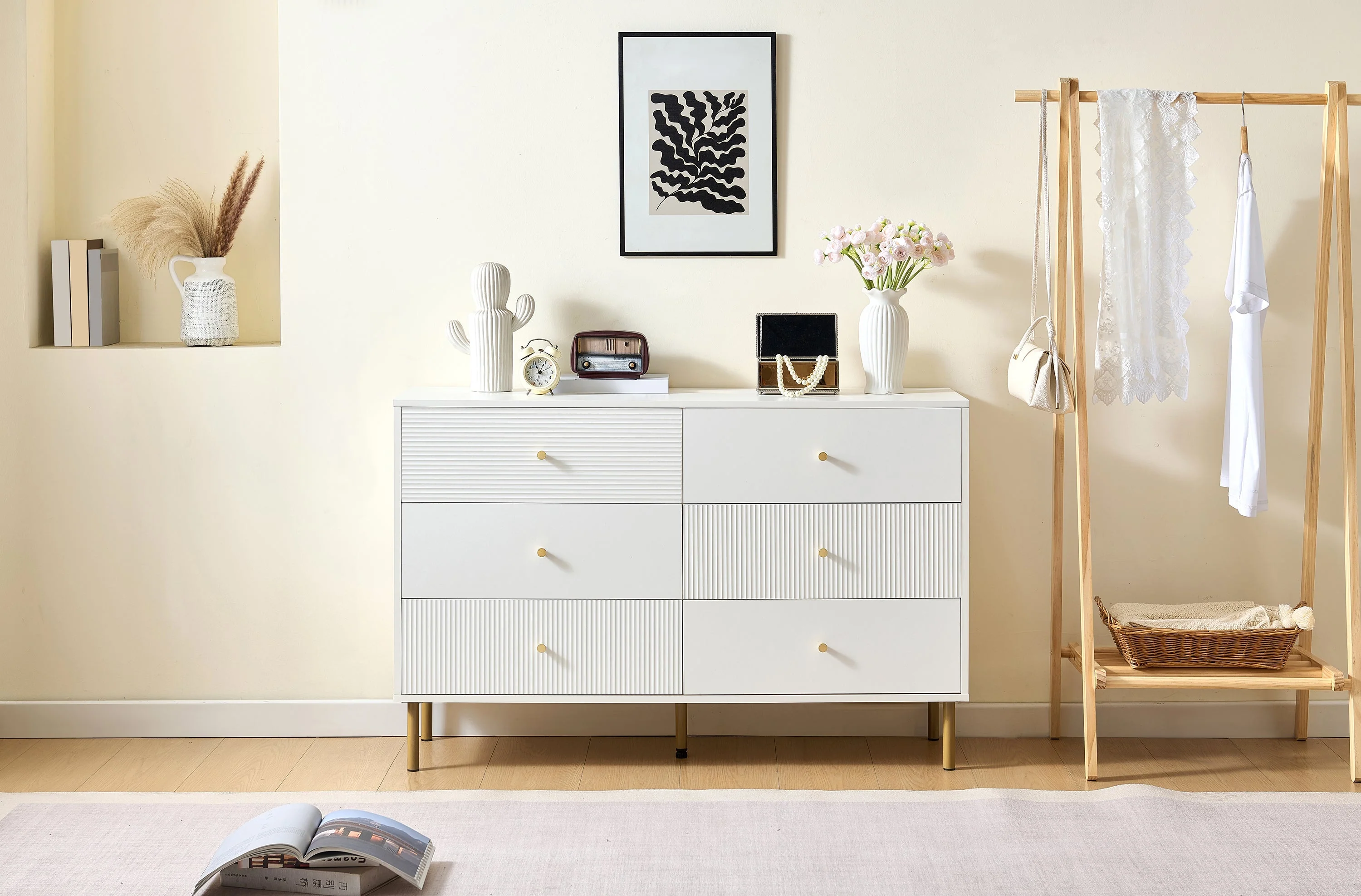 Chest of Drawers, 6-Drawer Storage with Steel Legs, White MDF - Image 5