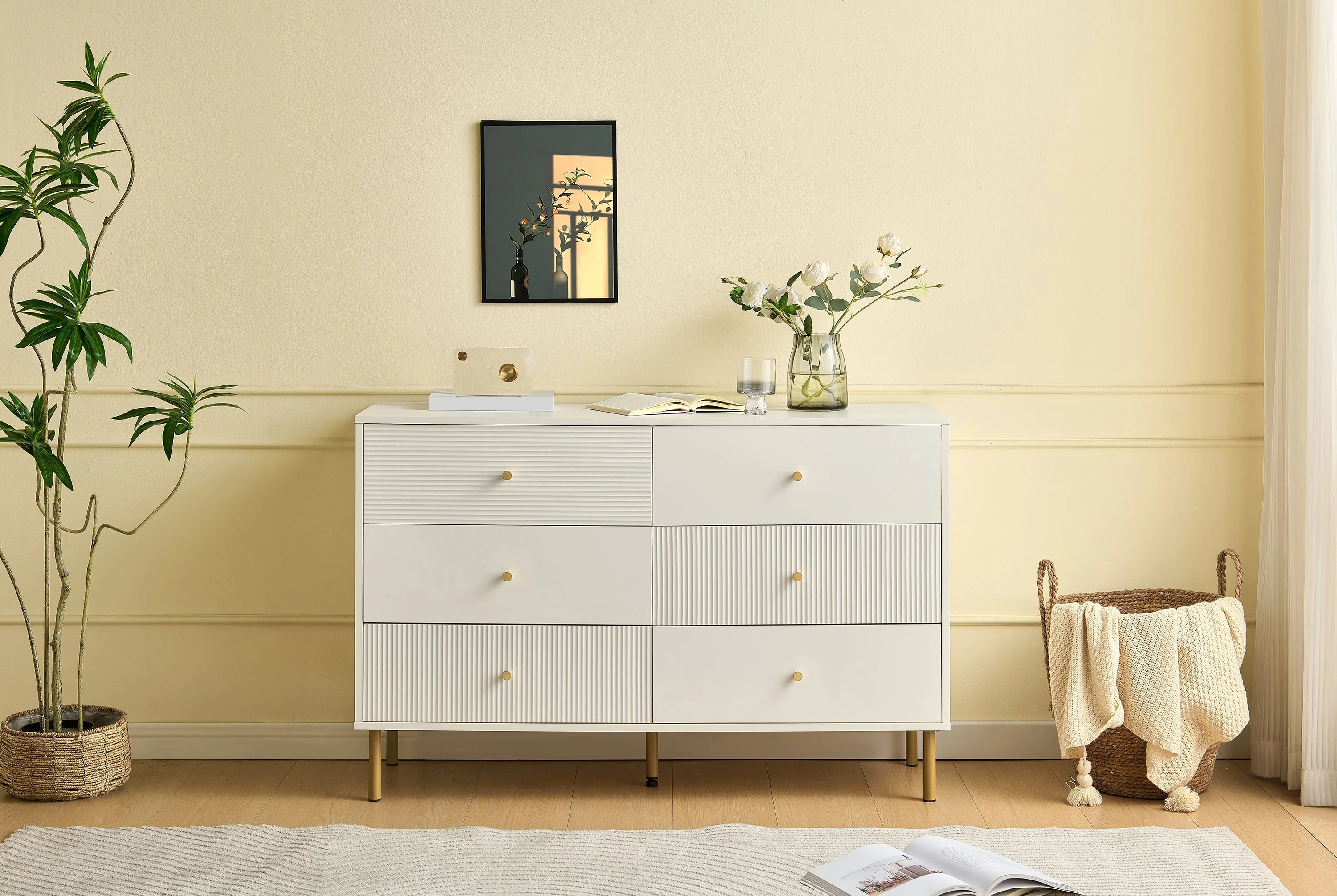 Chest of Drawers, 6-Drawer Storage with Steel Legs, White MDF - Image 7