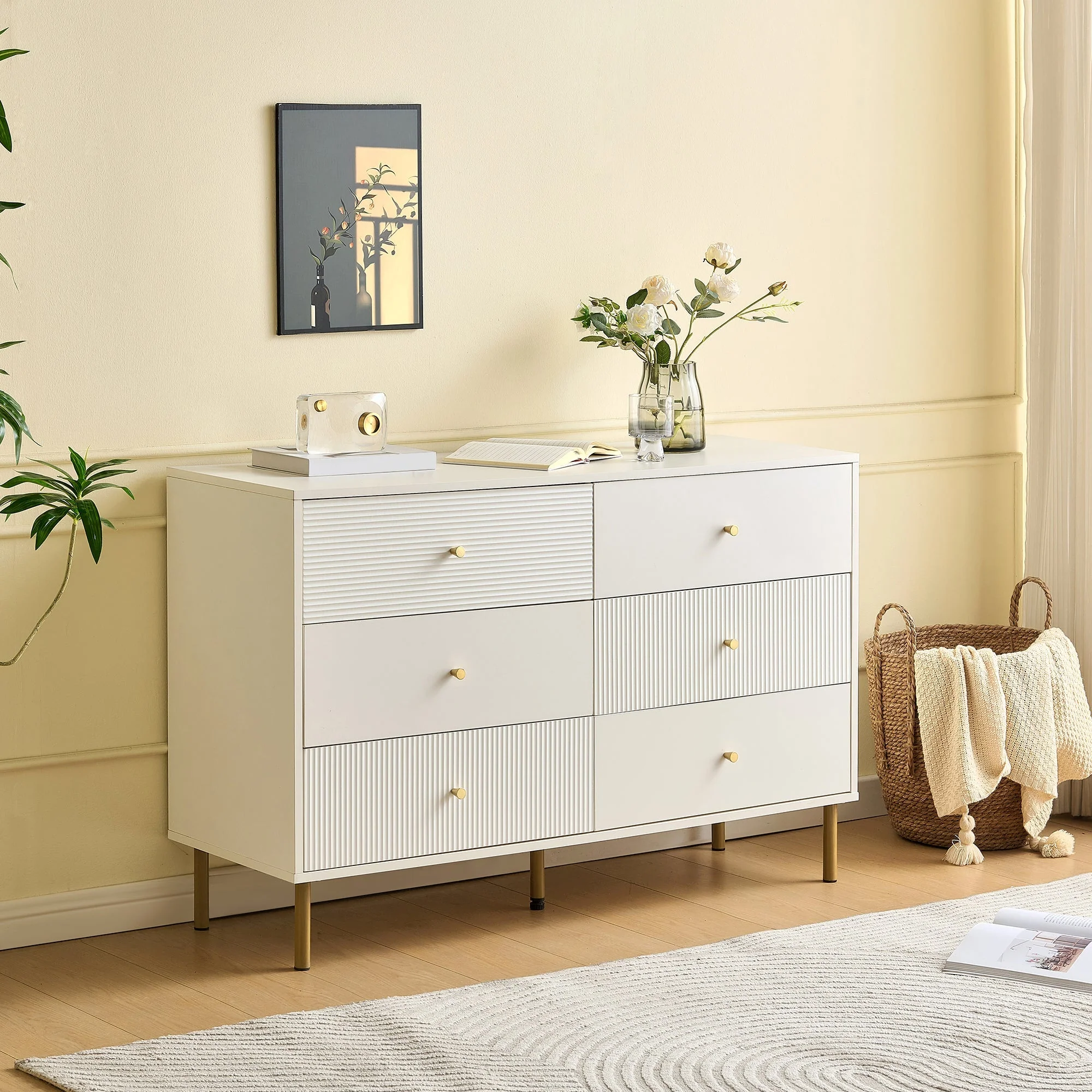 Chest of Drawers, 6-Drawer Storage with Steel Legs, White MDF - Image 8
