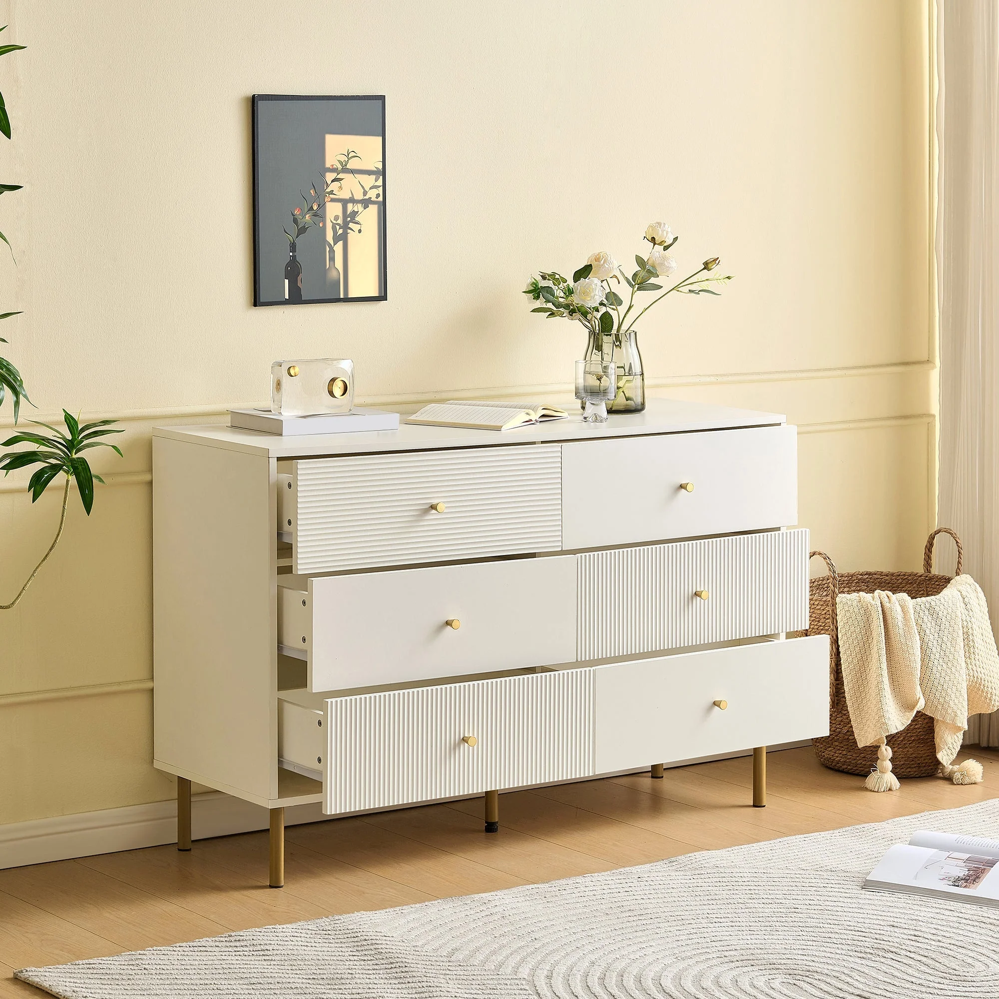 Chest of Drawers, 6-Drawer Storage with Steel Legs, White MDF - Image 9