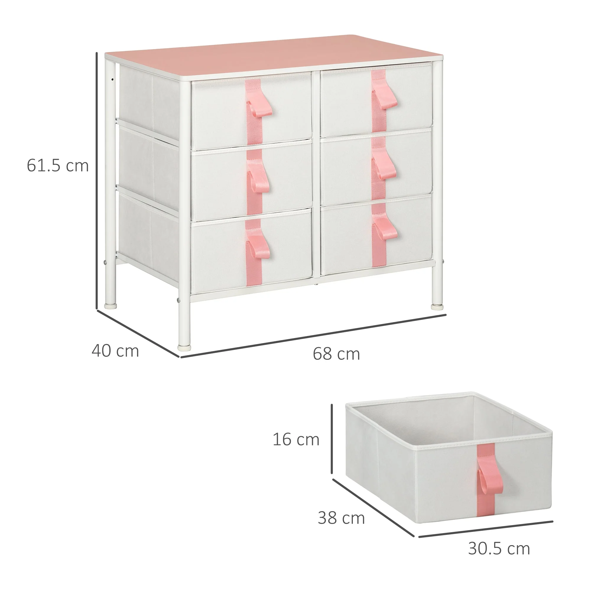 Chest of Drawers: 6 Fabric Drawers, Metal Frame, Wooden Top, Pink - Image 3