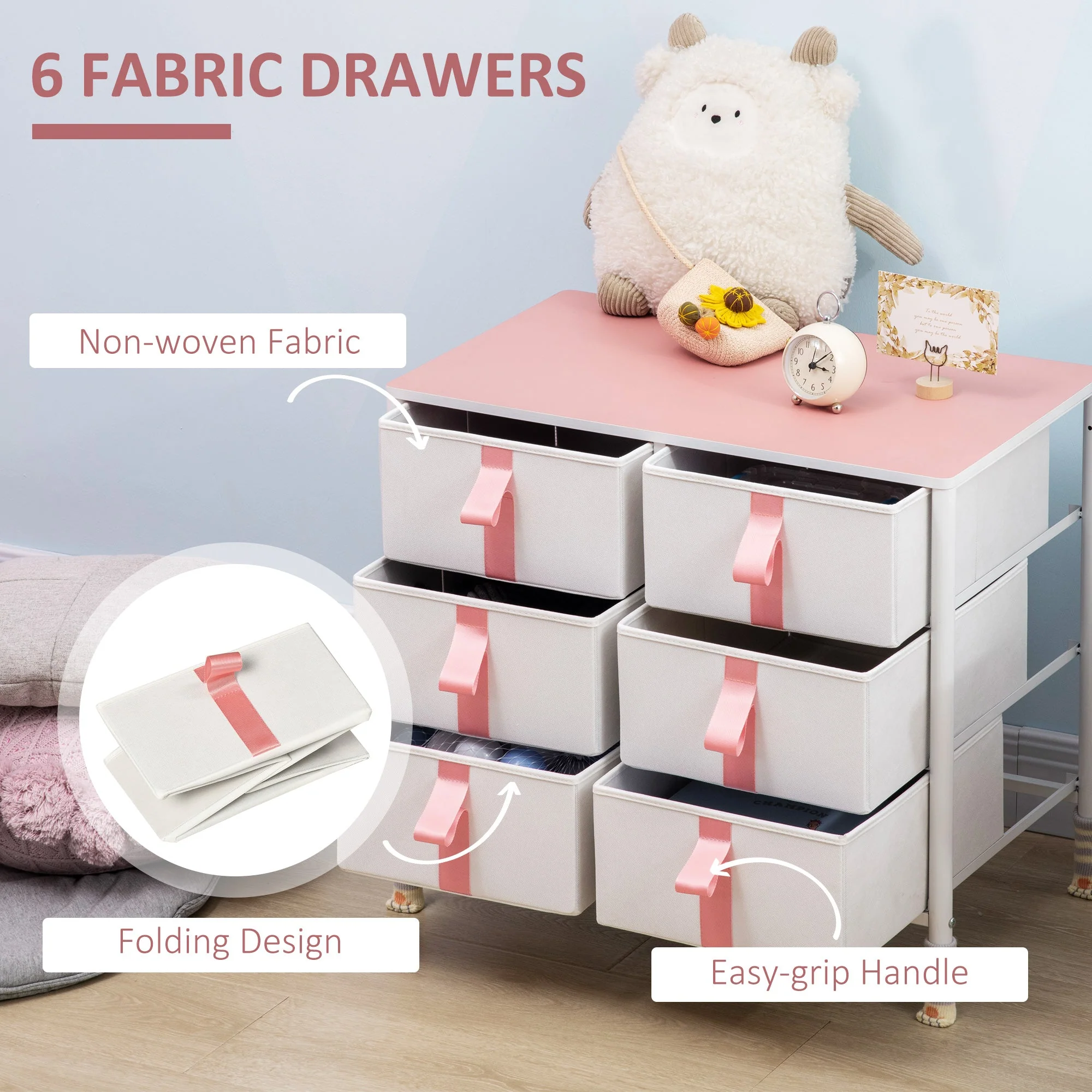 Chest of Drawers: 6 Fabric Drawers, Metal Frame, Wooden Top, Pink - Image 4