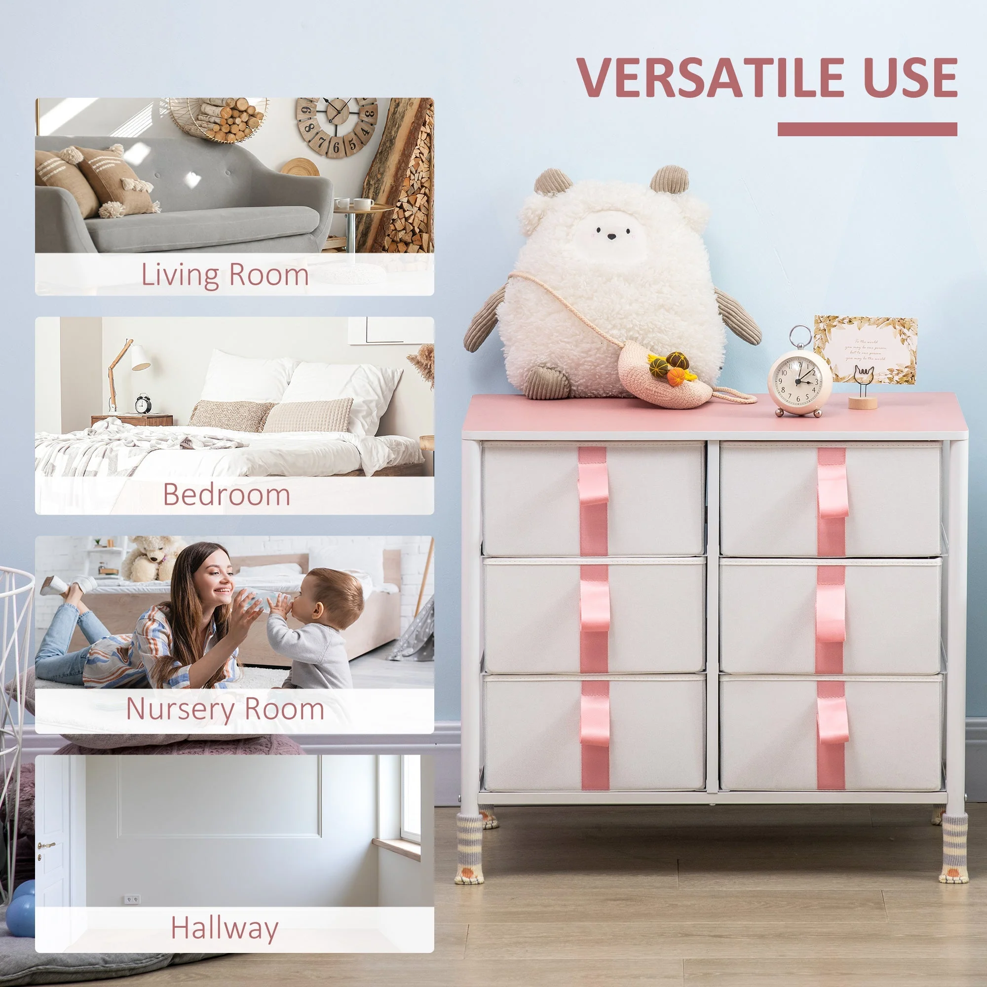Chest of Drawers: 6 Fabric Drawers, Metal Frame, Wooden Top, Pink - Image 6