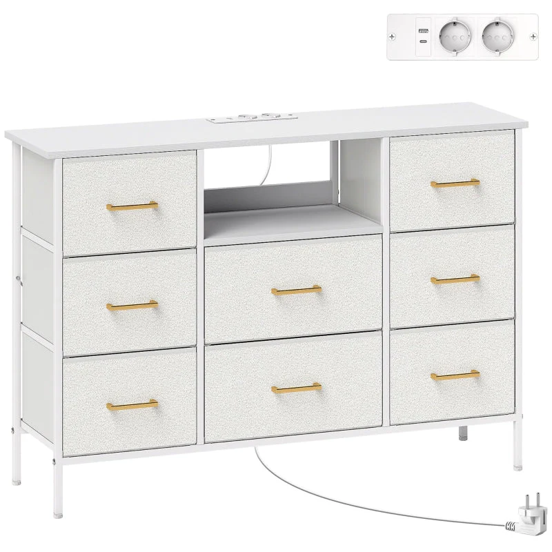 Chest of Drawers 8 Fabric Drawers Power Strip Steel Frame - Cream White - Image 2