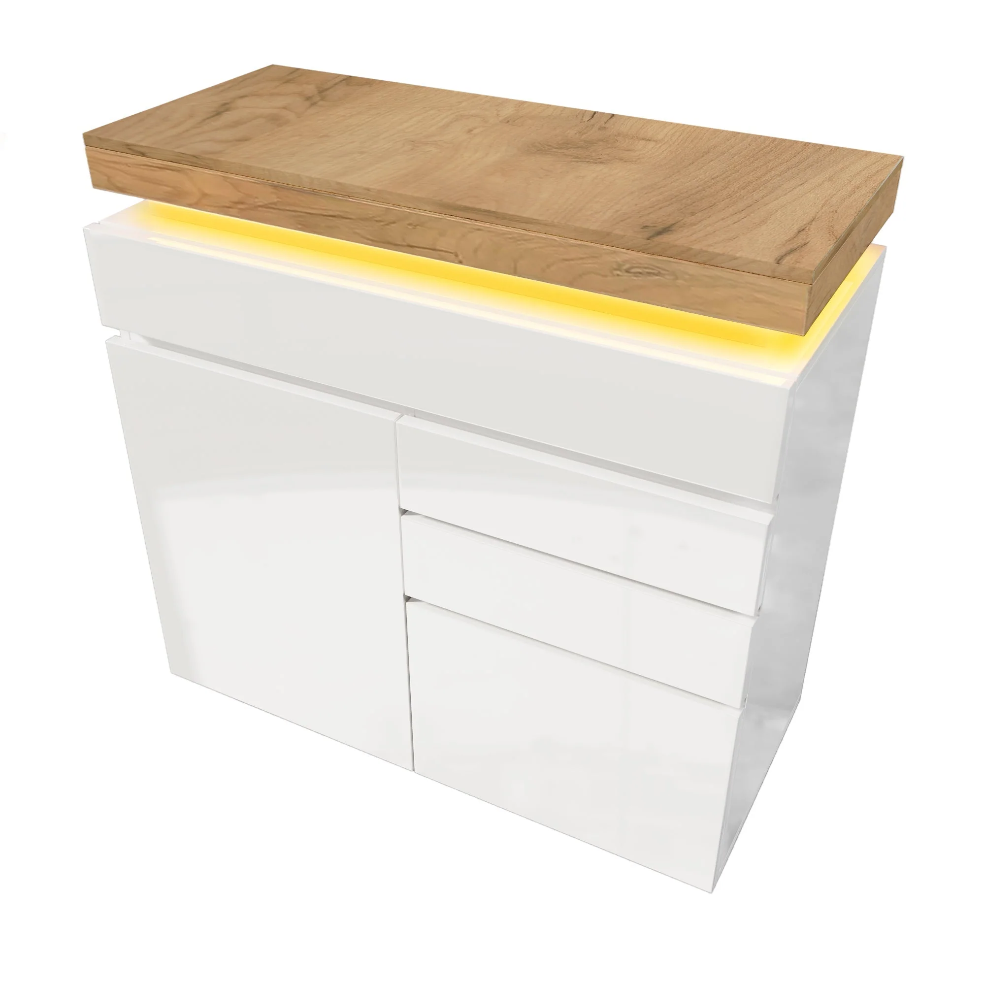Chest of Drawers, High-Gloss Sideboard 2 Doors 3 Drawers, LED, White - Image 4
