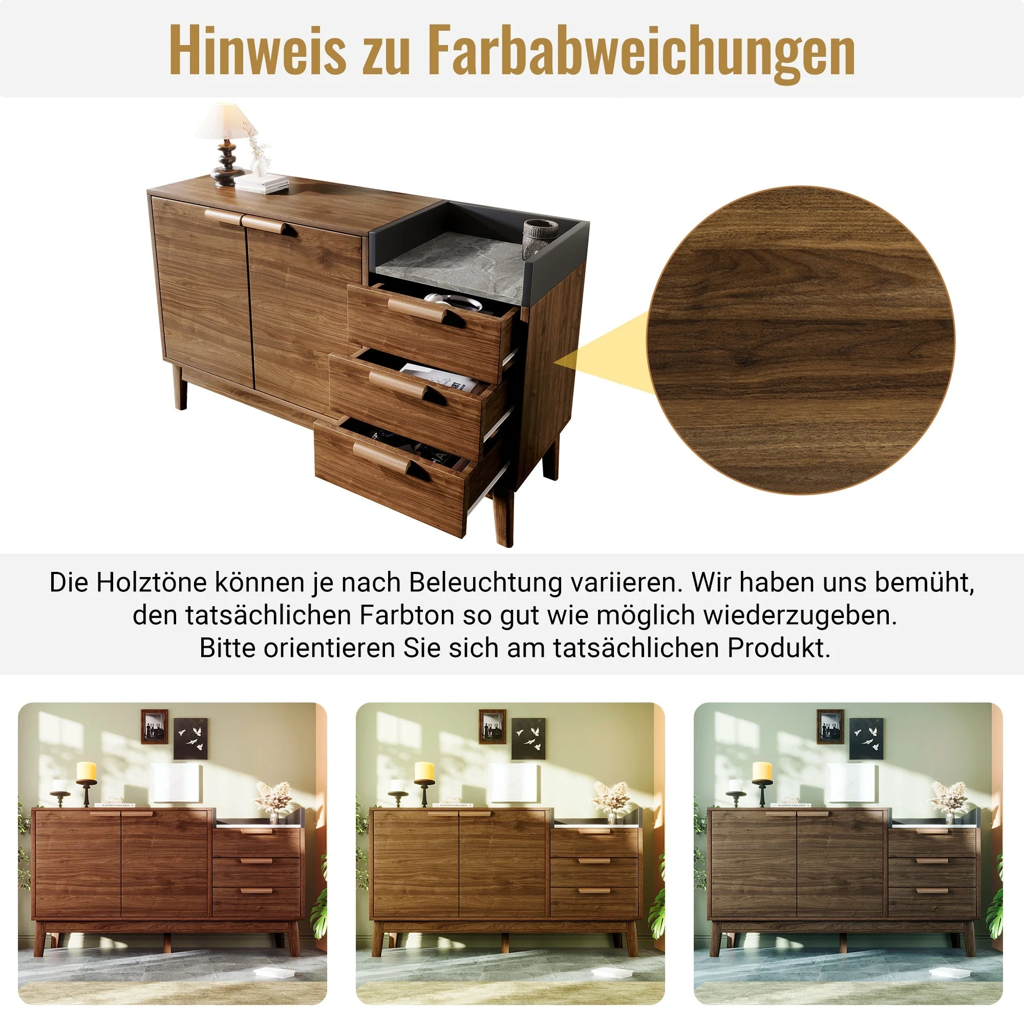 Chest of Drawers, Open Shelf, 3 Drawers & Double-Door Cabinet, Oak with Marble-Effect - Image 9