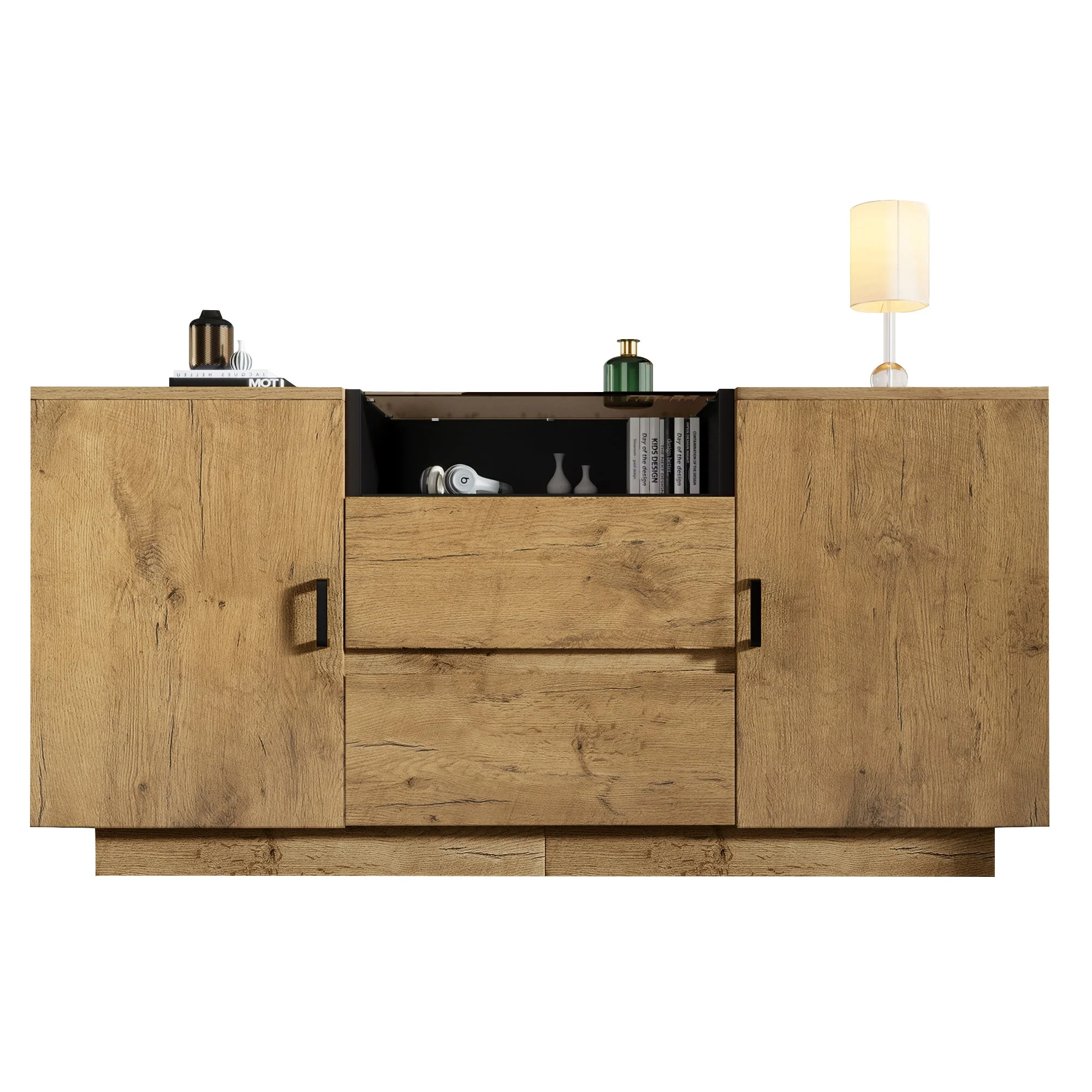 Chest of Drawers Sideboard, 2 Drawers, 2 Cabinets, Open Compartment, Oak-look with Black Handles - Image 3