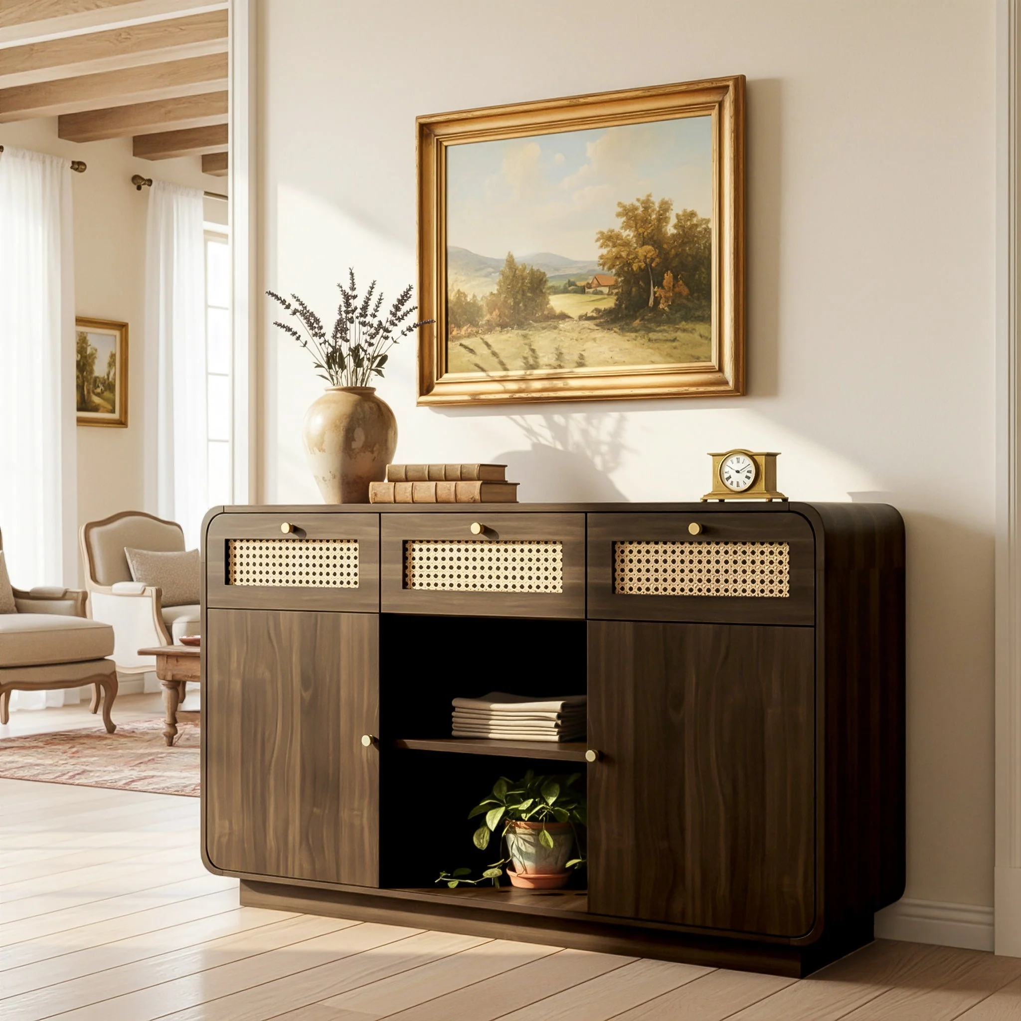 Chest of drawers/sideboard, 3 Drawers 2 Cabinets Rattan Gold Handles, 120cm Walnut - Image 7