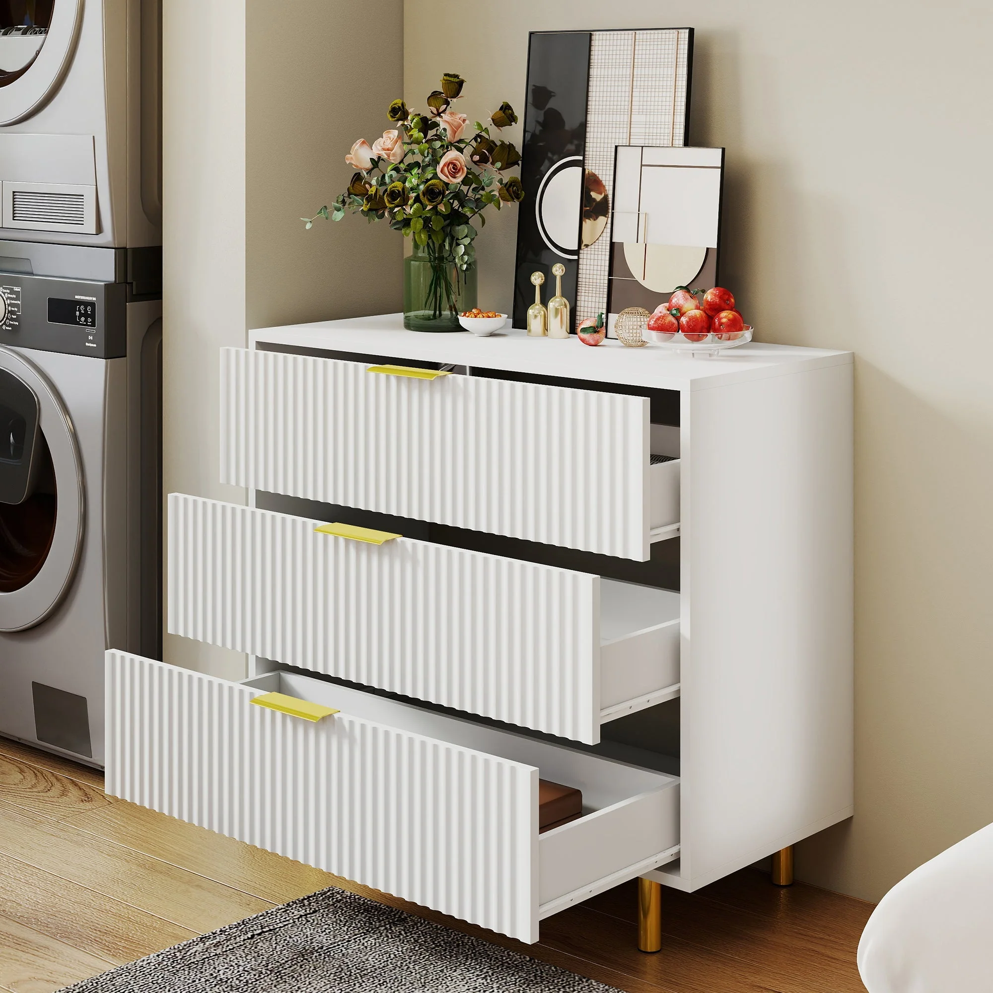 Chest of Drawers Sideboard 3 Drawers Modern Design - White and Gold - Image 7