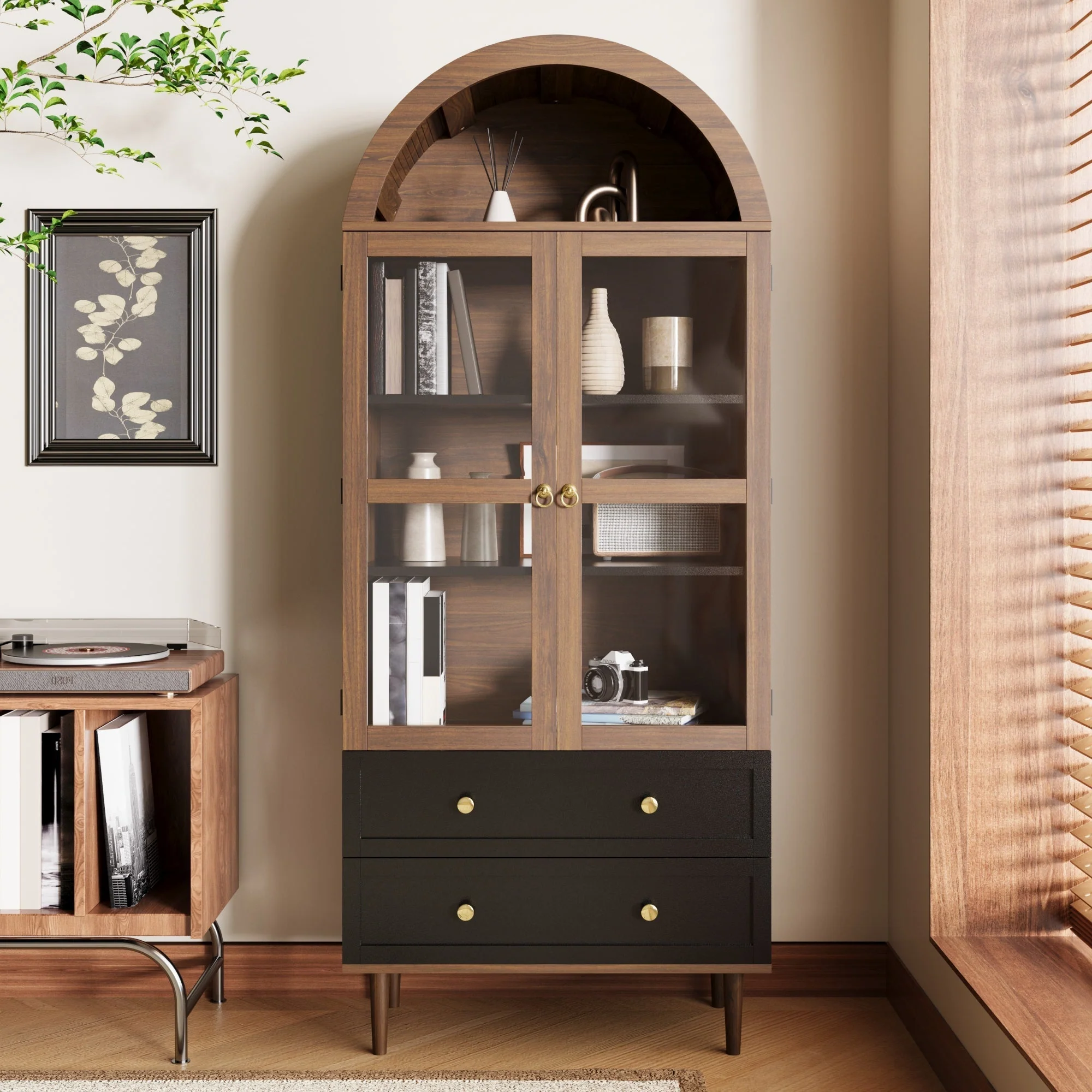 Chest of Drawers Storage Cabinet Adjustable Shelves Curved Glass Sideboard - Image 2