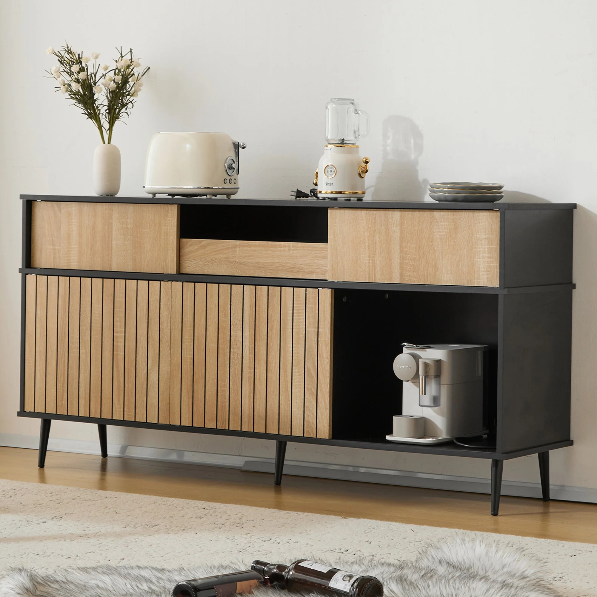 Chest of drawers with 4 sliding doors and 1 drawer, oak and black, 160W x 40D x 80H - Image 2