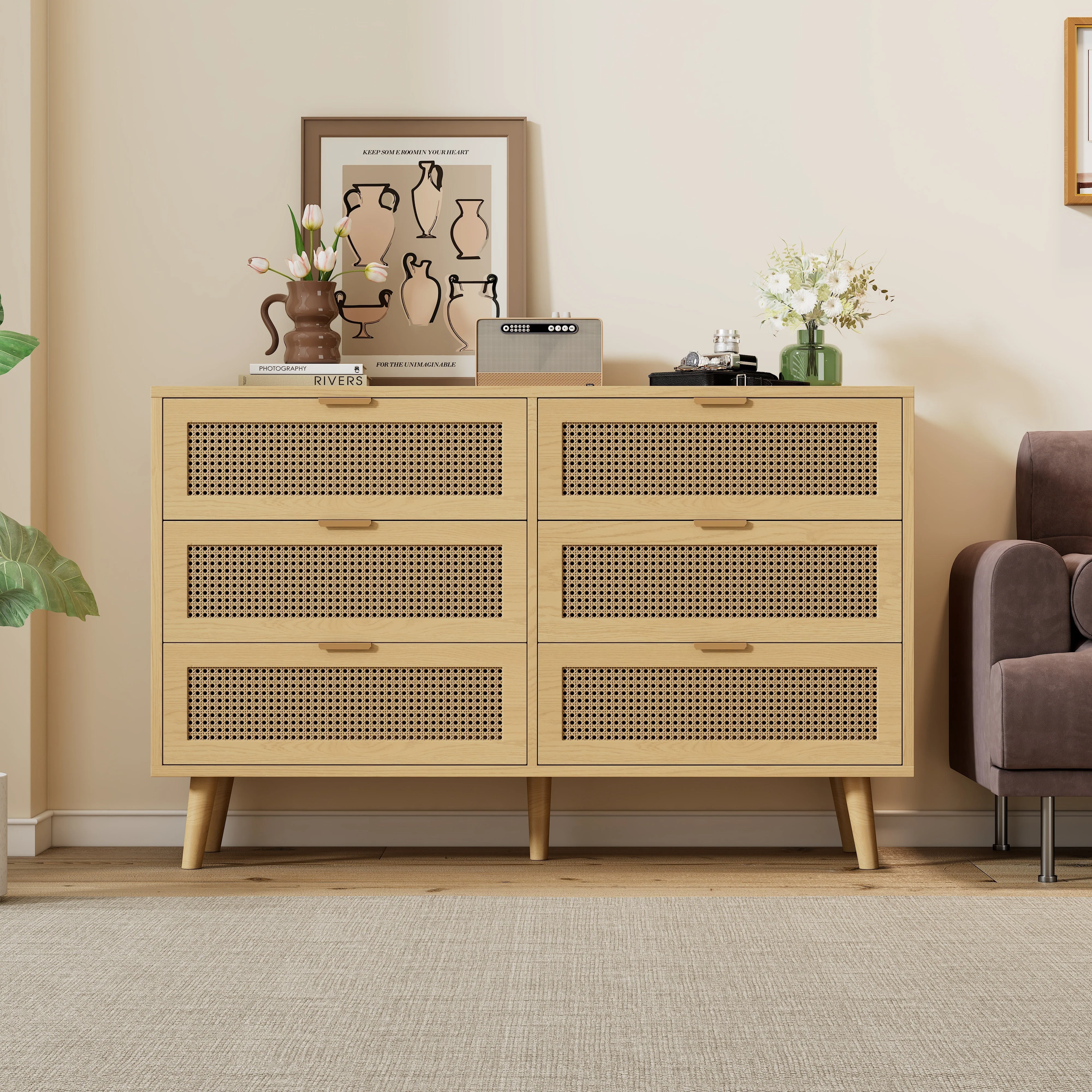 Chest of drawers with 6 drawers, metal handles, wood - Image 3
