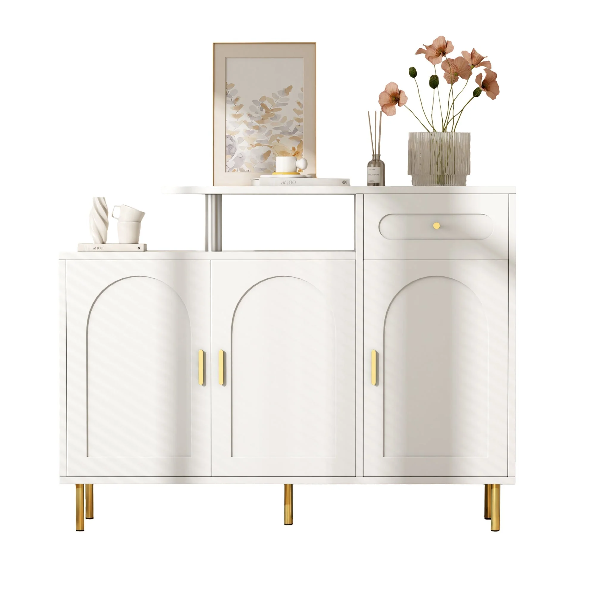 Chest of Drawers with Metal Handles, 1 Drawer, 3 Doors, on Metal Feet, White - Image 6