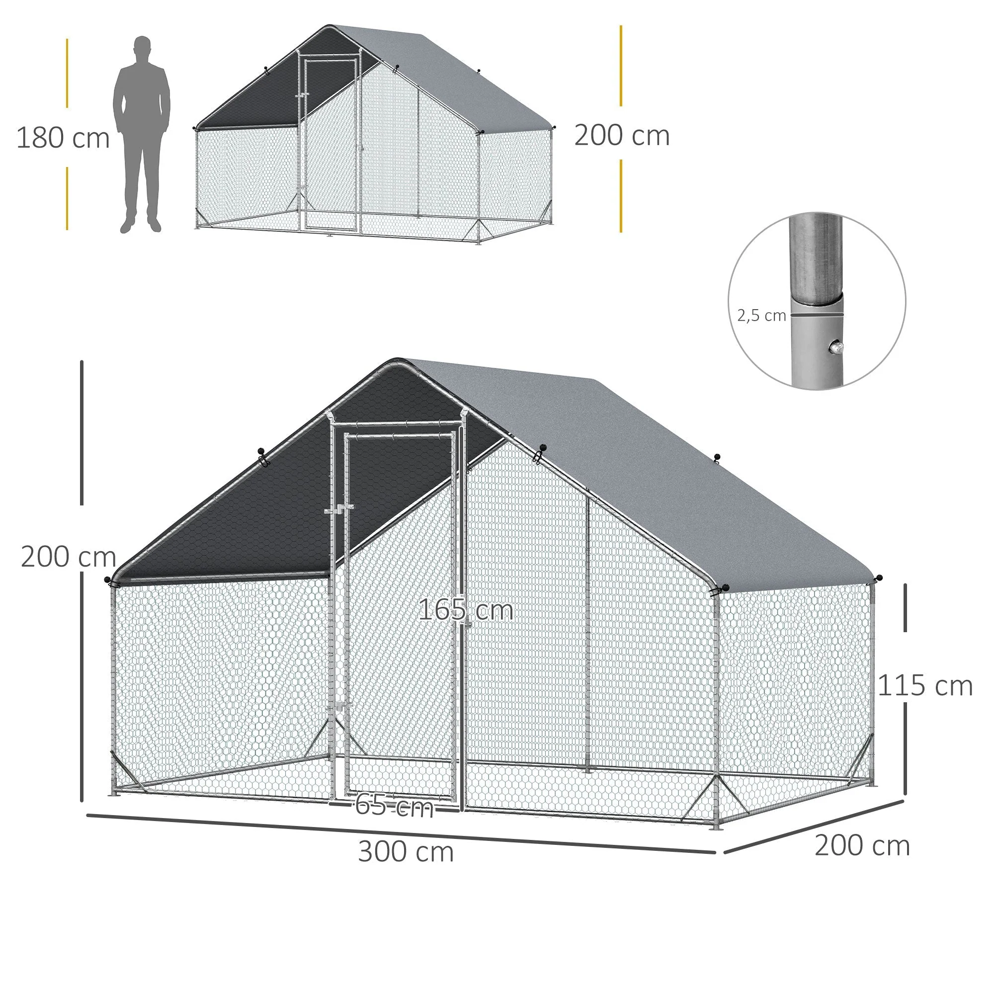 Chicken Coop Free-Range Enclosure, 300 x 200 x 200 cm, 4-6 Chickens, Steel, Silver - Image 3