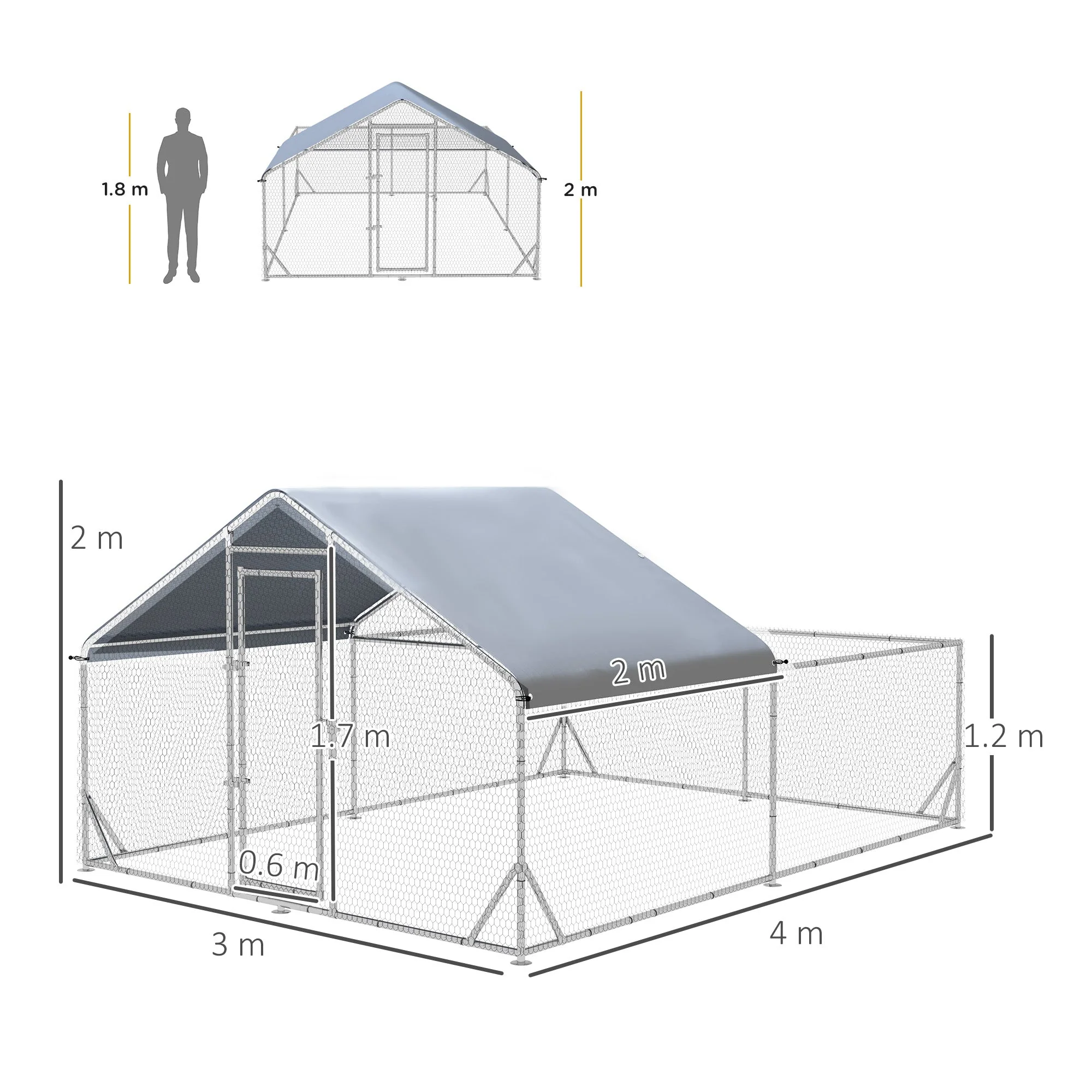 Chicken Coop Free-Range Enclosure, Sunshade Roof, Steel, Silver - Image 3