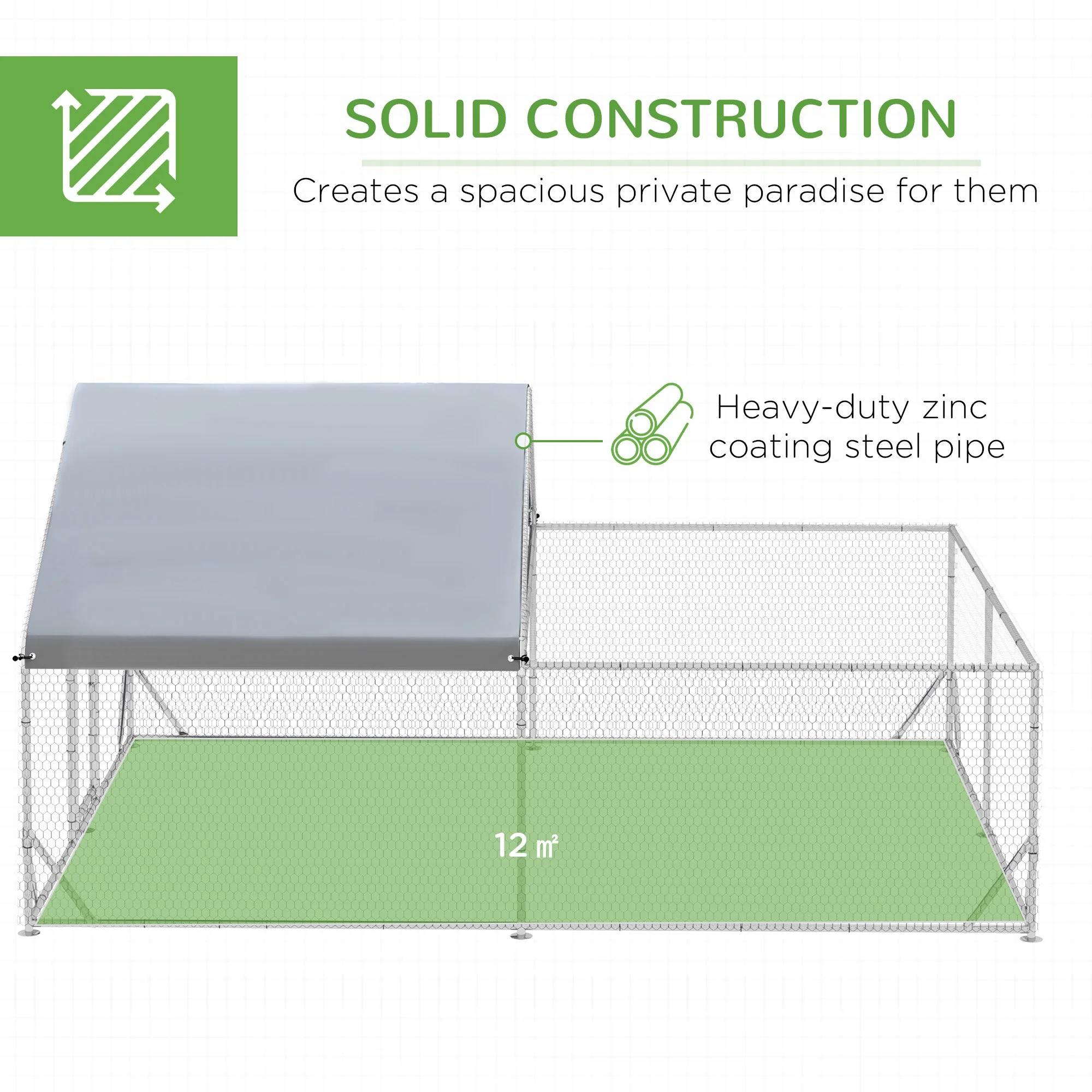 Chicken Coop Free-Range Enclosure, Sunshade Roof, Steel, Silver - Image 4