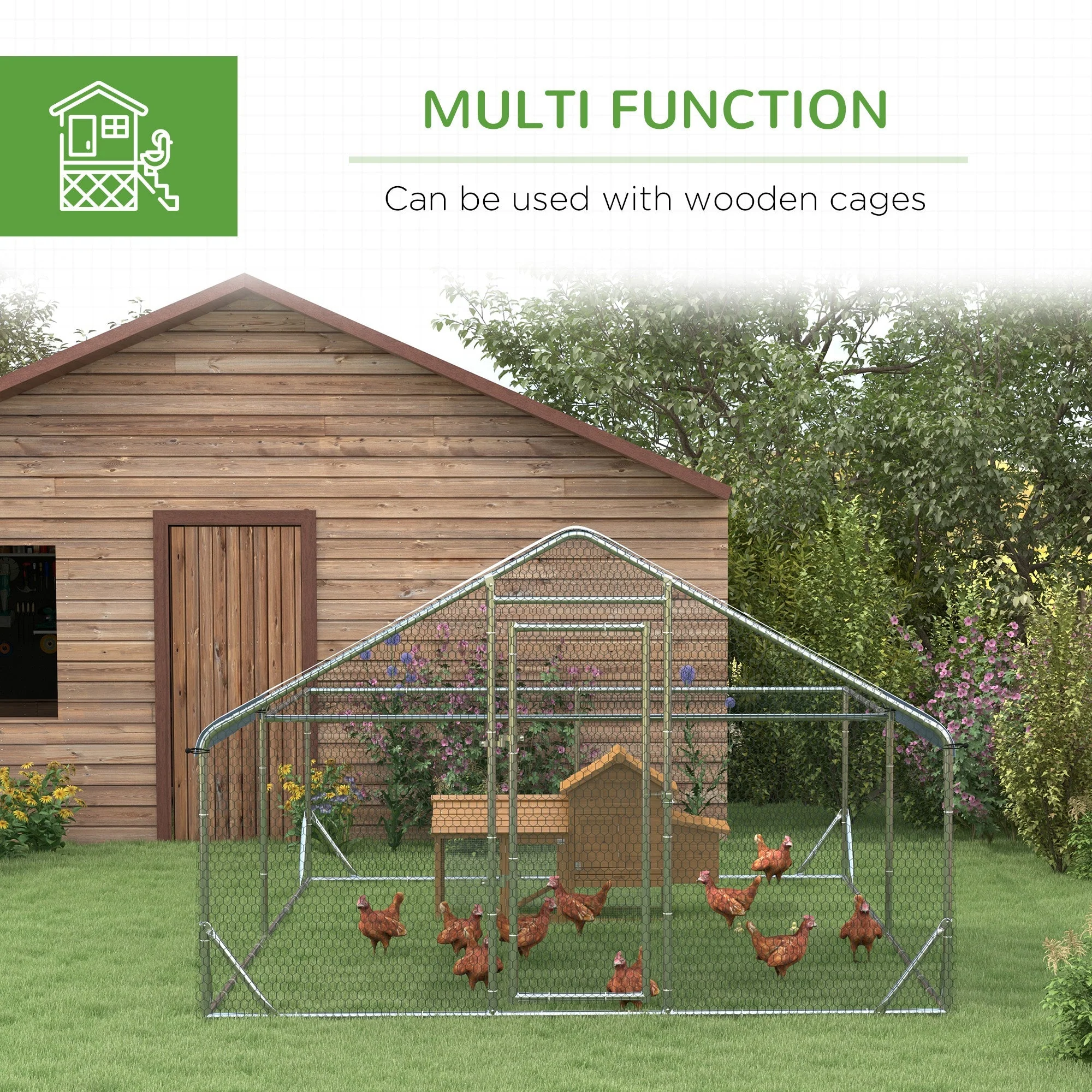 Chicken Coop Free-Range Enclosure, Sunshade Roof, Steel, Silver - Image 6