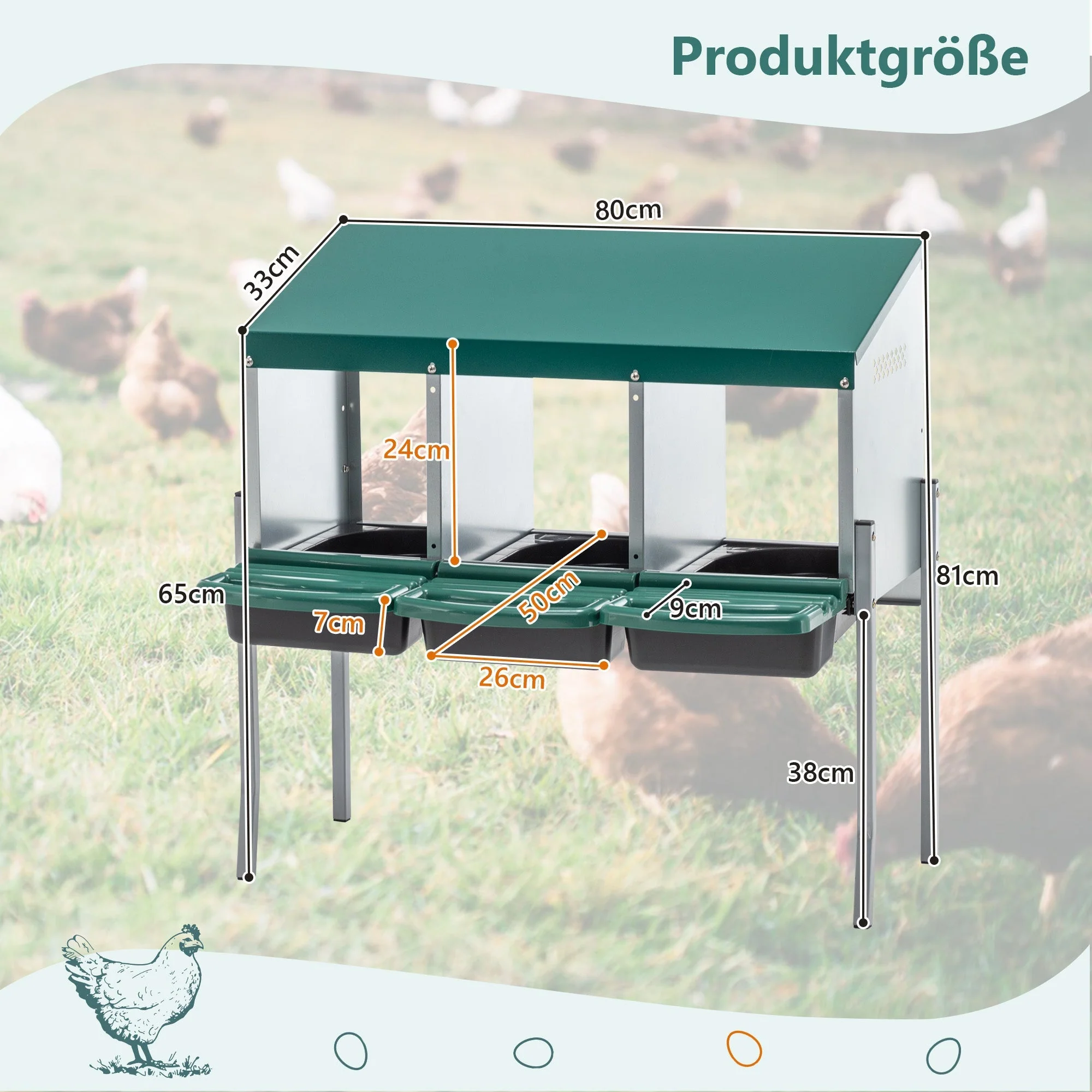 Chicken Nesting Boxes with 3 Holes, Legs and Outdoor Cover, Green - Image 3