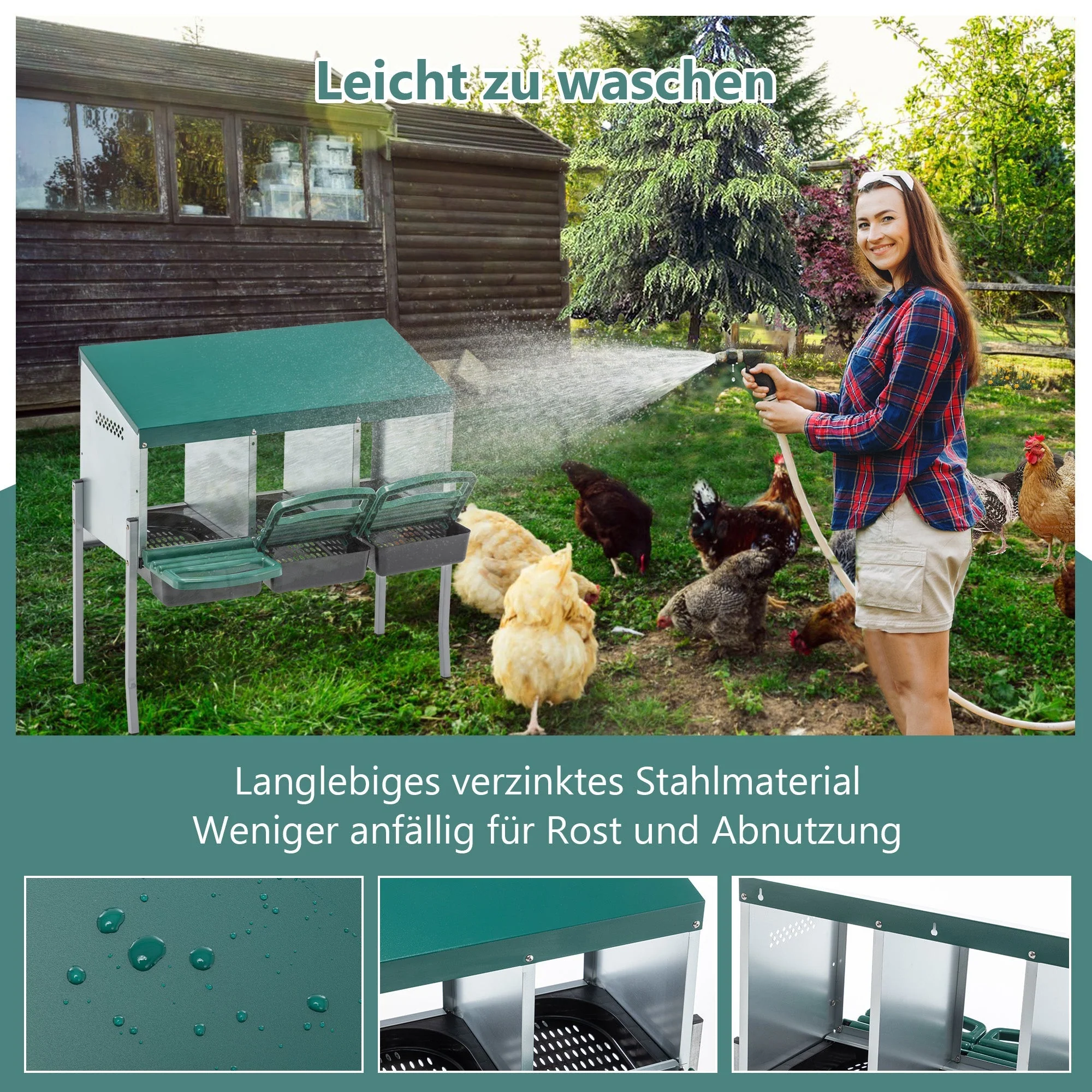 Chicken Nesting Boxes with 3 Holes, Legs and Outdoor Cover, Green - Image 7