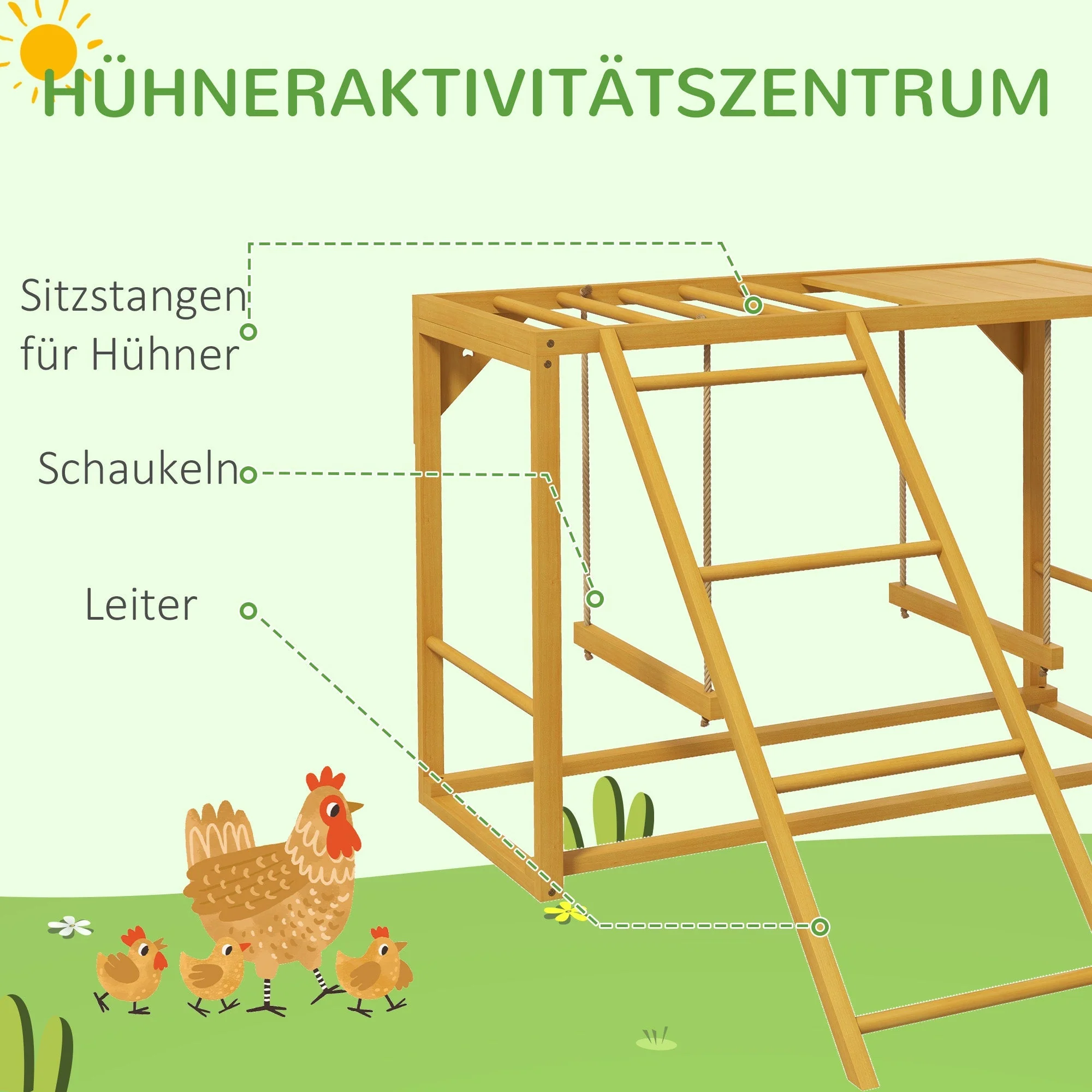 Chicken Play Frame, Playground with Swings and Ladder for 3-4 Chickens, Natural Wood - Image 4