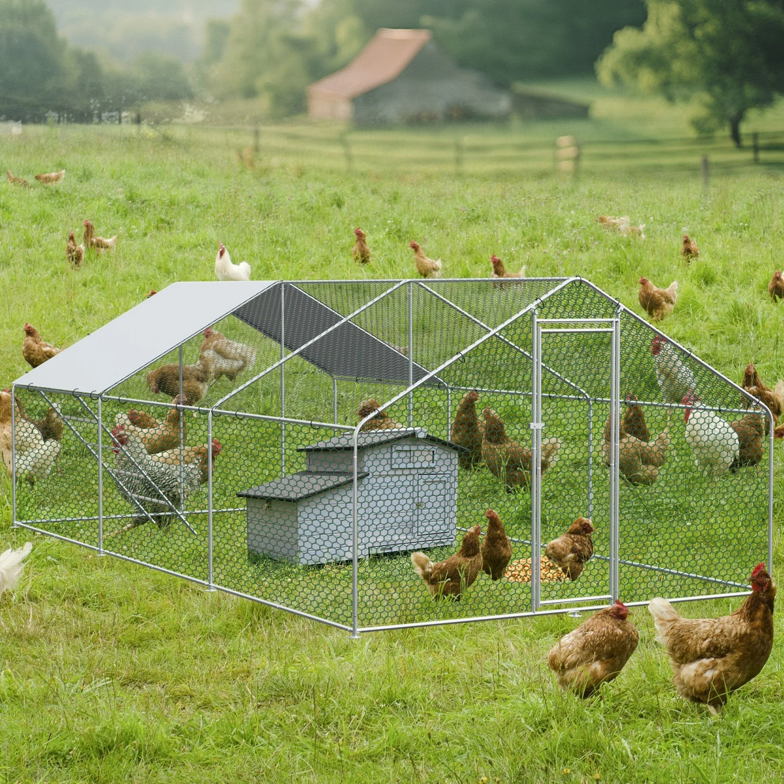 Chicken Run 3x6x2m with Safety Lock & Waterproof PE Cover - Metal - Image 10