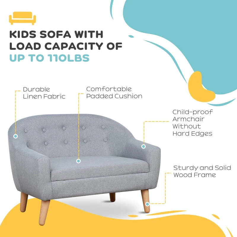 Children's Armchair 2 Seater Mini Sofa Wood Frame Grey - Image 6