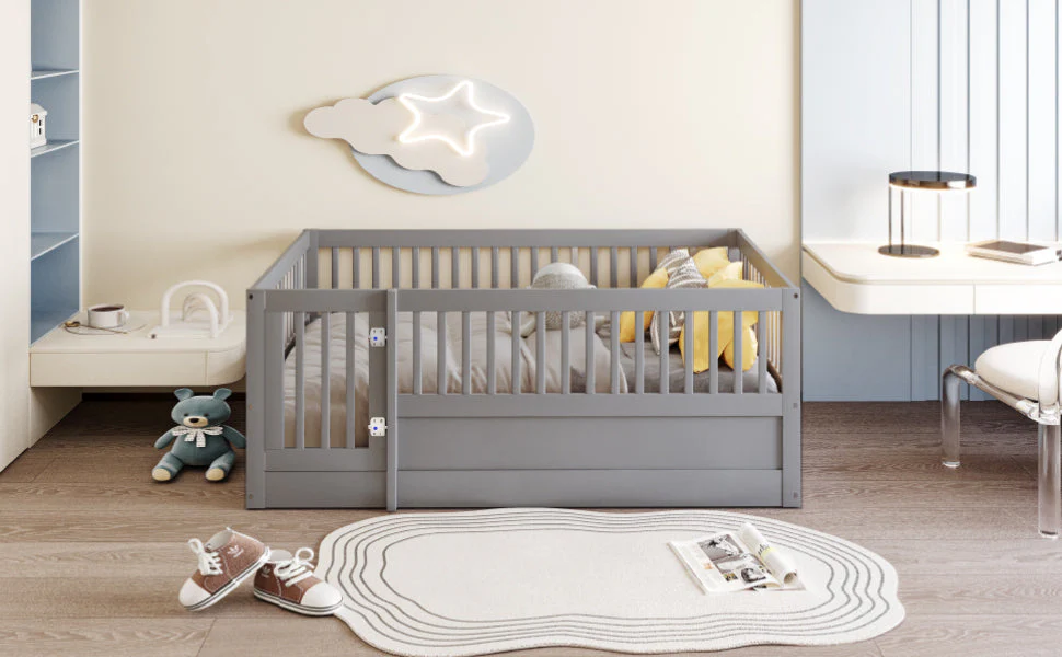 Children's Bed 140 x 200 cm, Wooden Frame with Bars & Door, Grey - Image 6