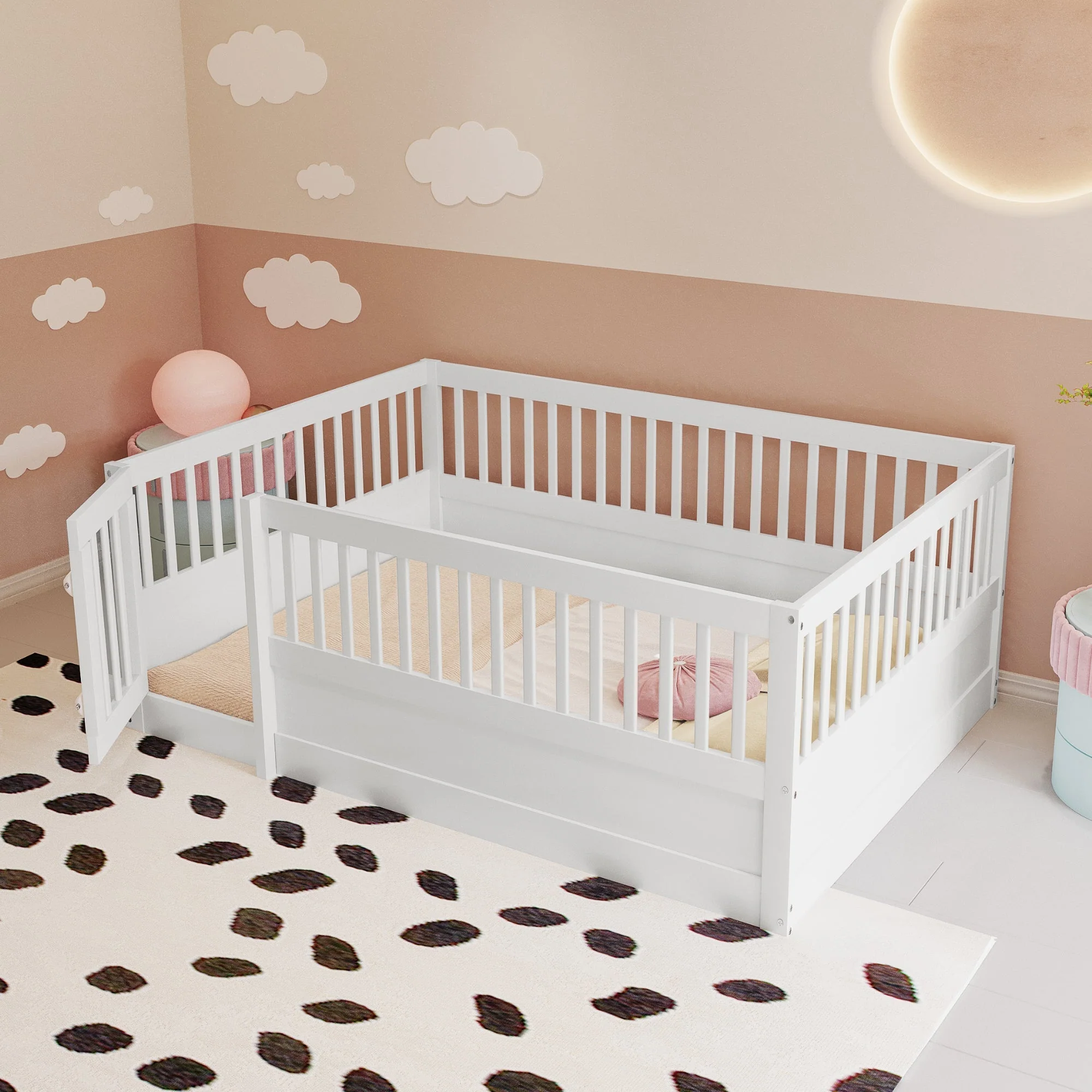 Children's Bed, 140 x 200 cm Wooden Frame with Bars & Door, White